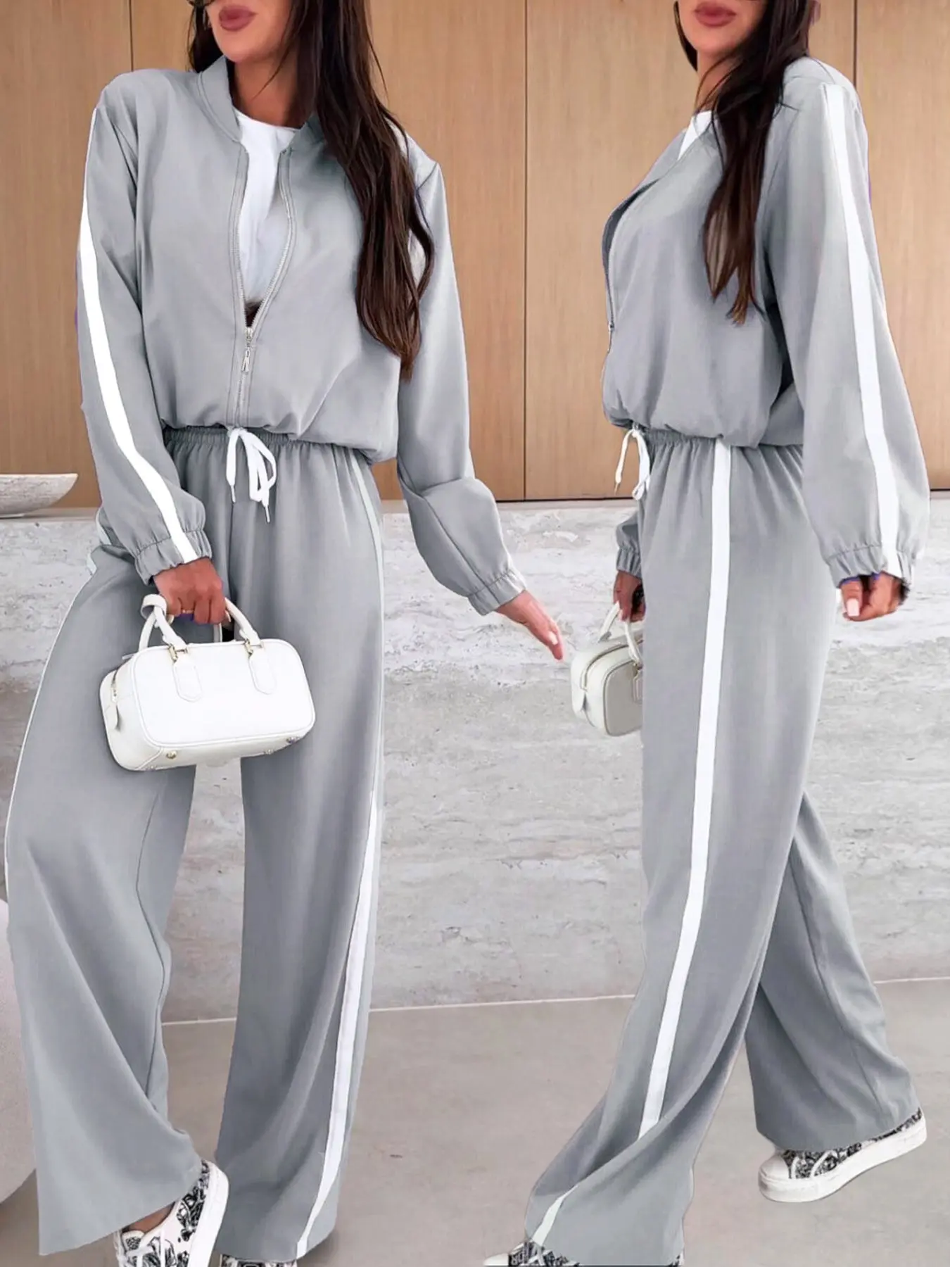 Women’s Casual Fall Comfort 2 Piece Set, Zip Up Stand Collar Jacket & Side Stripe Wide Leg Pants, Lounge Tracksuit Outfit, Athleisure Tracksuit Sets for Travel, Daily Wear & Airport Look, Fall Outfits Women, Cozy Fall Style