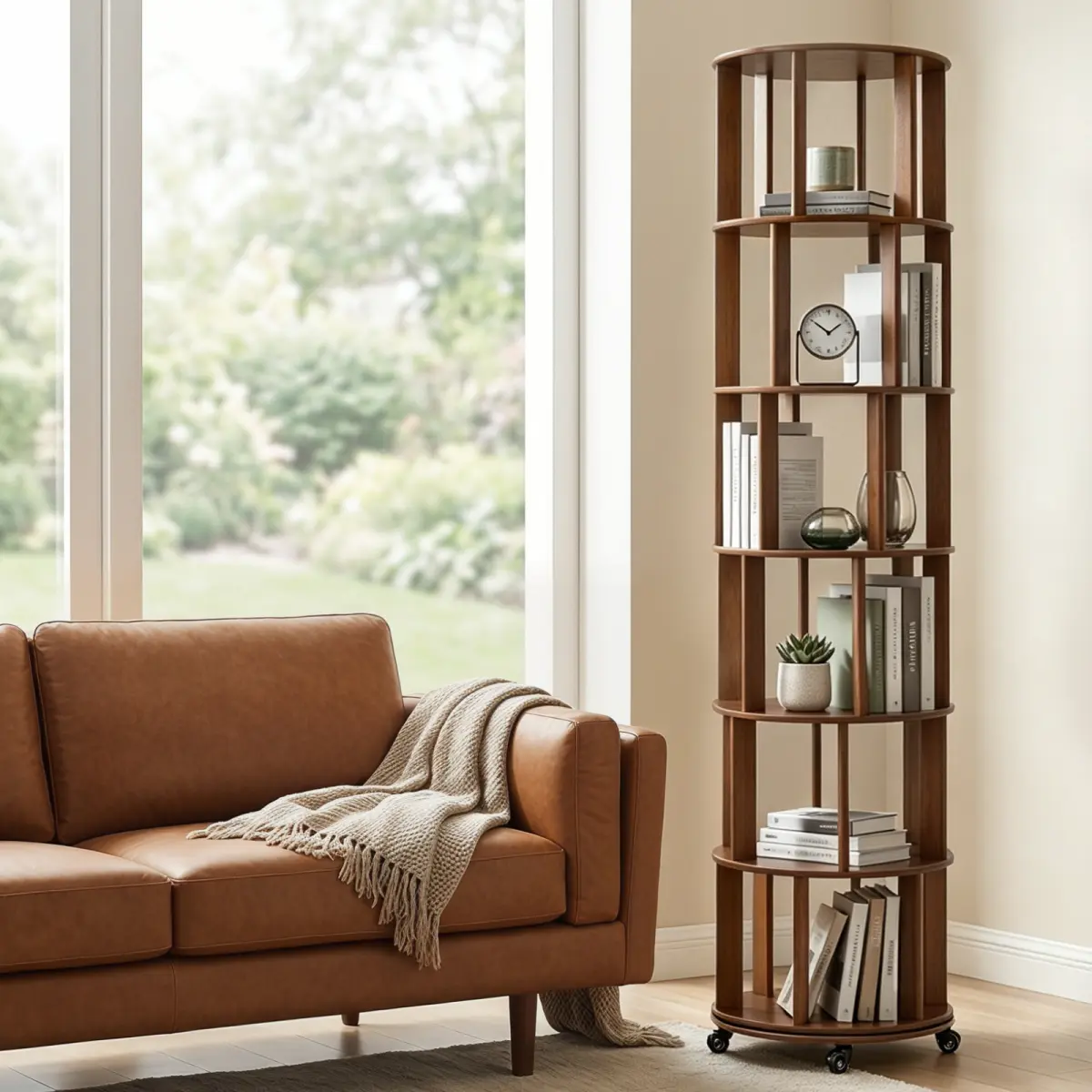 [Bellemave] 6 Tier Rotating Bookshelf, Solid Wood Rotating Bookshelf Tower with Wheels, 360° Display Round Spinning Bookshelf for Small Spaces, Corner, Bedroom, Living Room, Home, Office
