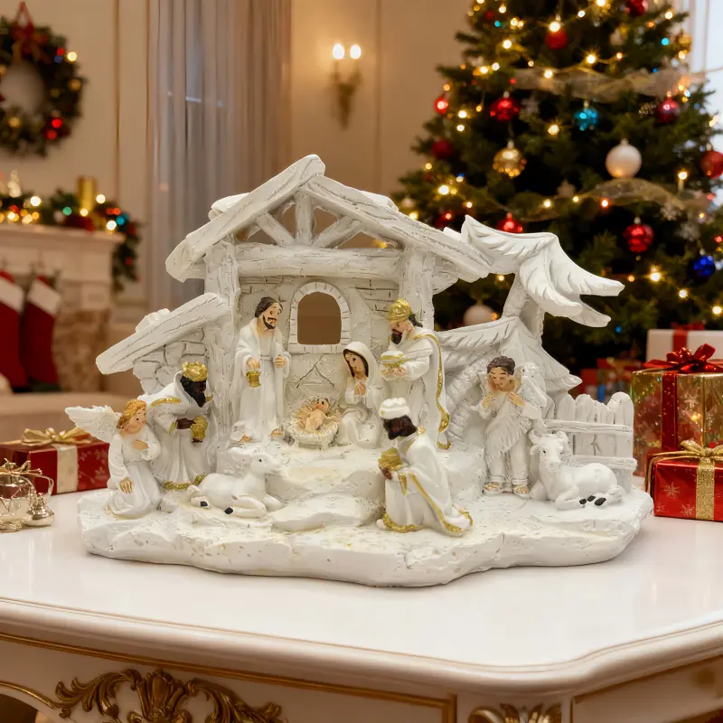 Christmas Nativity Scene Figurine, Classic Stable Decoration, Festive Home Accent for Table, Windowsill & Entryway, Perfect Holiday Gift
