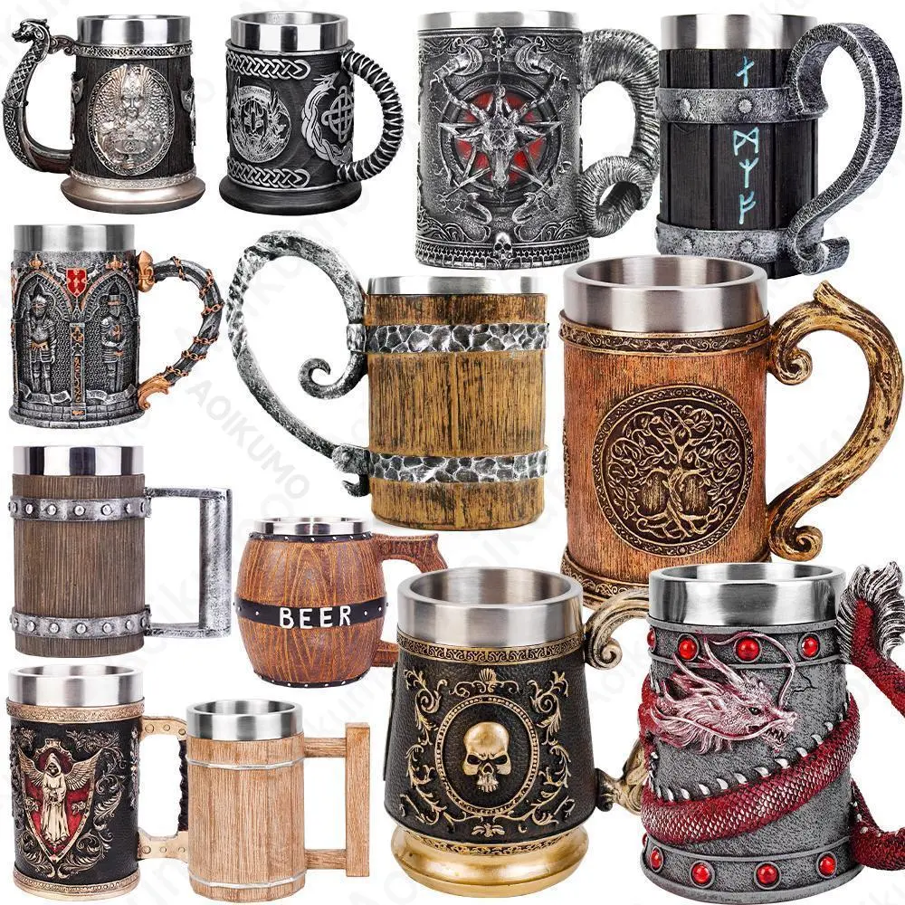 600ML Retro Viking Danegeld Tankard Mug - Stainless Steel Insert Resin Drinkware, Unique Metal Home Decor Collectible, Hand Wash Only Party Halloween Gift, Collectibles, Viking Motif