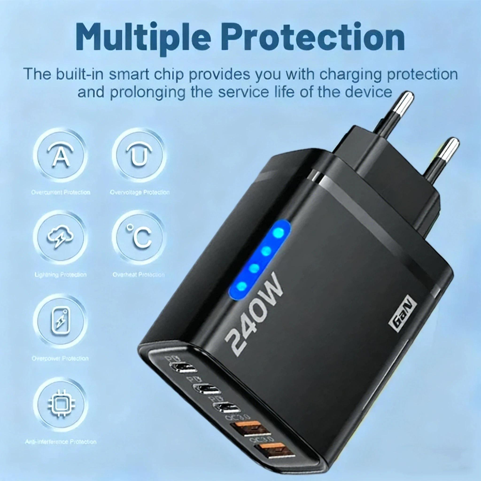 New 5 in 1 GaN Charger For IPhone 16 15pro Desktop Laptop Samsung 240W Fast Charging Adapter 120w Type To TypeC Cable Charger