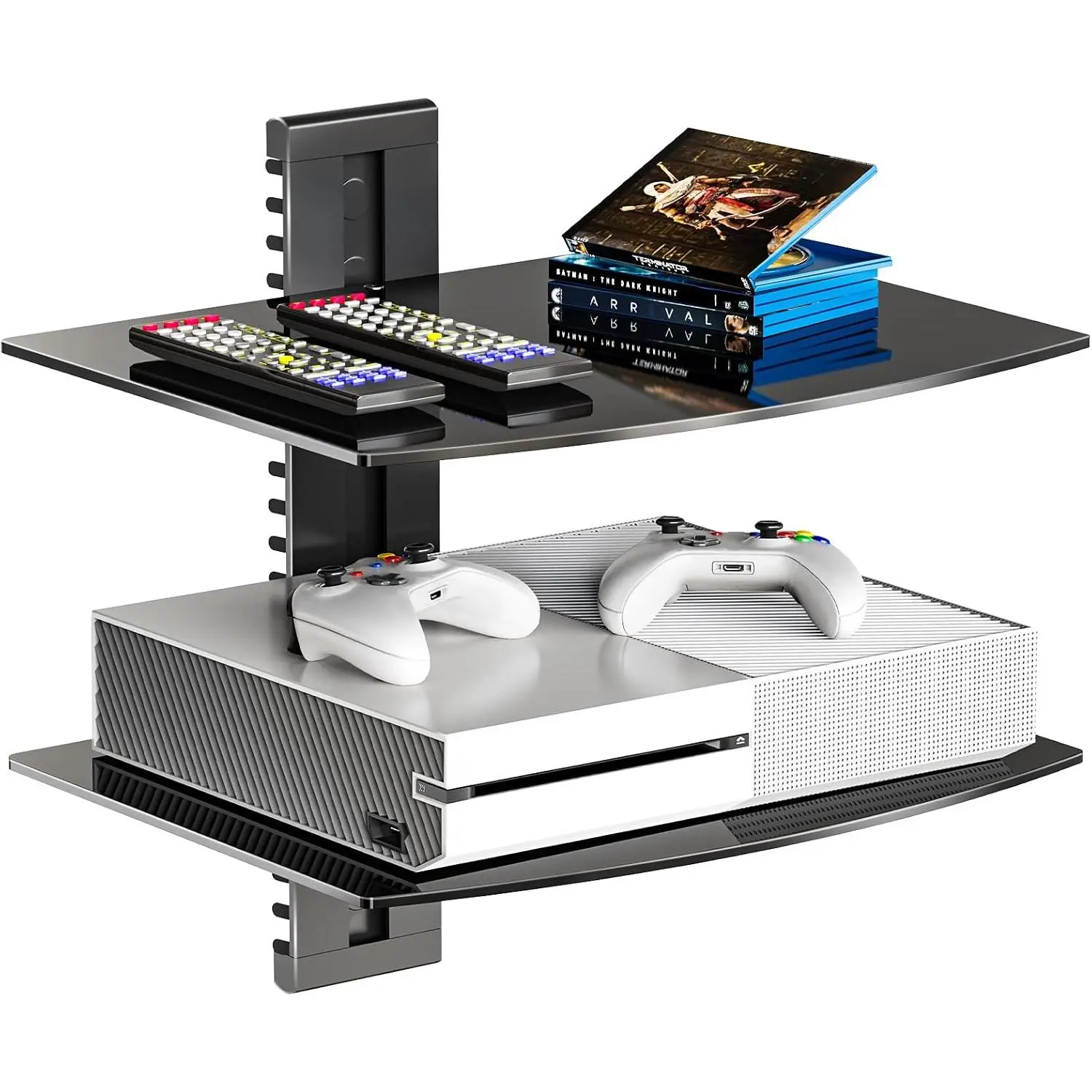 Floating TV Shelf, 2 Tier Glass Projector Shelf for DVD Players, Routers, Game Consoles, Cable Boxes, Living Room Decor, Wall Mount Shelves Hold Up to 17.6lbs (CS202B), 2-Shelf, Black