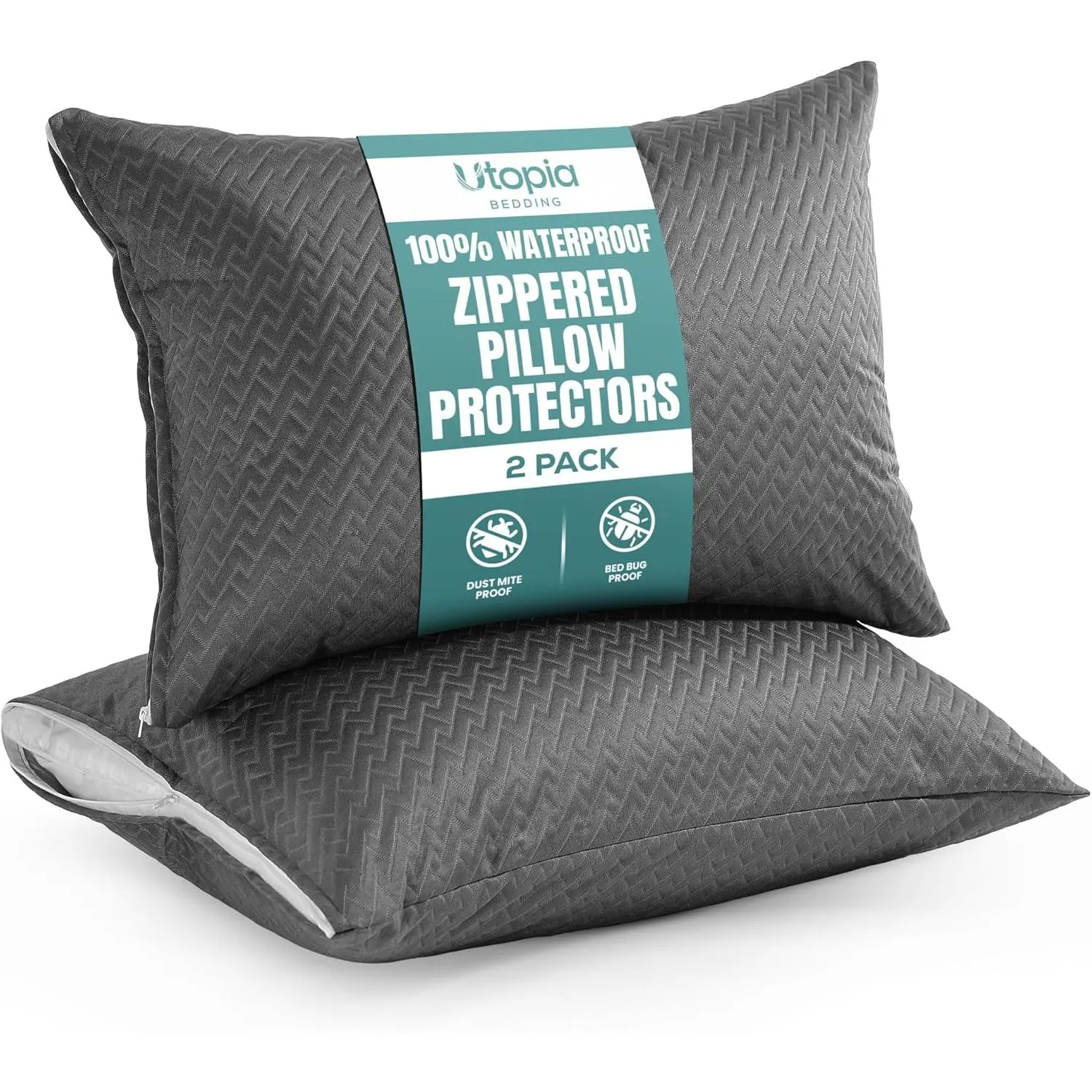 2 Pack Waterproof Pillow Protectors, Soft 3D Pillow Cases, Bed Bug and Dust Mite Proof Pillow Encasements, Standard , Gray