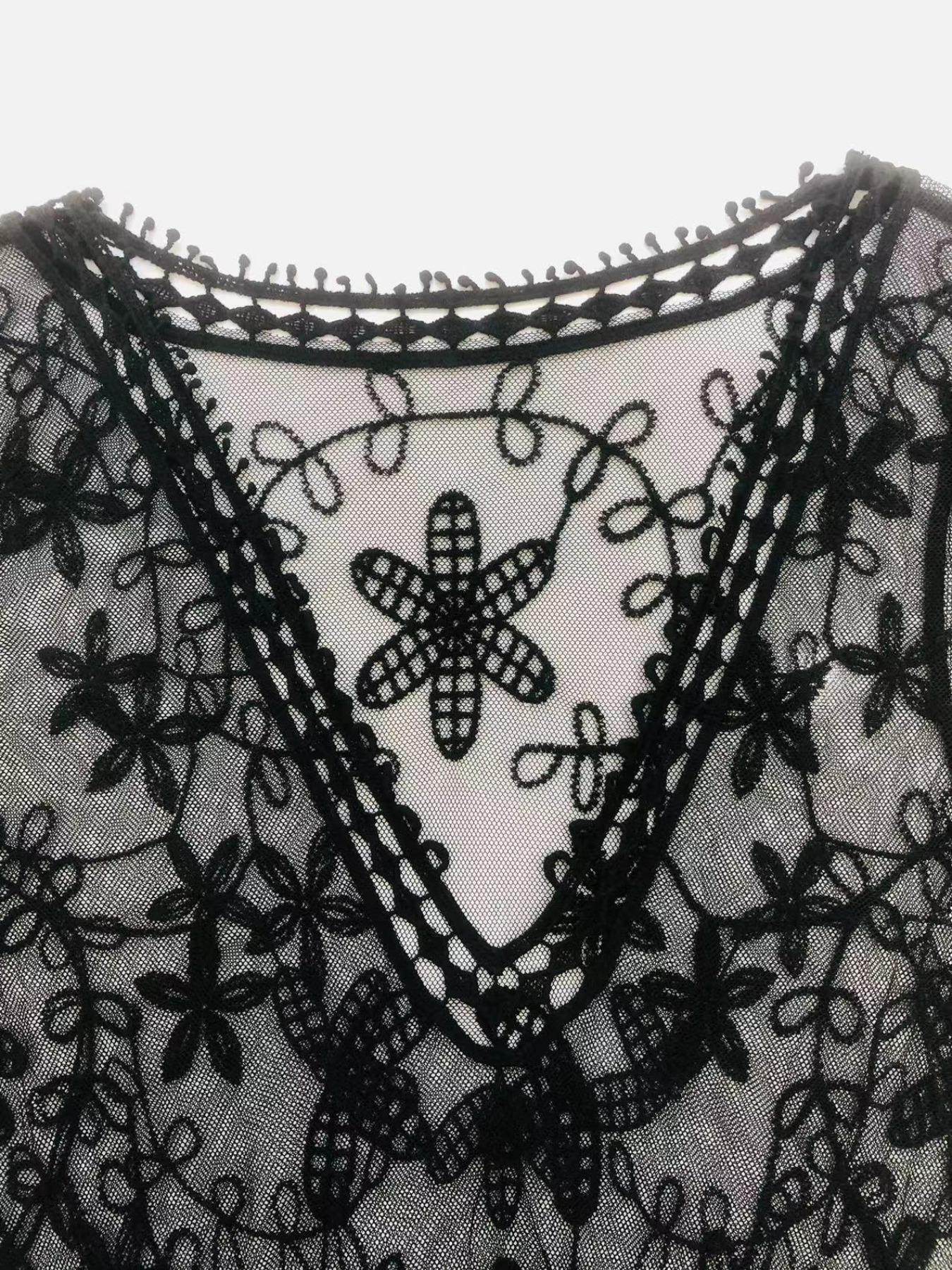 Women's Plants Embroidery Sheer Ruffle Cover Up Dress, Boho 3/4 Sleeve Deep V Neck Mesh Cover Up Dress for Beach Holiday Vacation, Ladies Spring & Fall Clothes, Beach Cover Ups