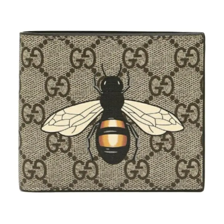 Gucci Bee-Print GG Monogram Short Bifold Wallet for Men, Canvas and Leather, Ebony