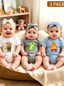 3-piece set with prints of Highland cattle grazing, green snakes and lions riding in small carts, cute baby triangle rompers. Stylish and lovely casual outfits suitable for daily crawling and outdoor activities. Unisex newborn rompers, an ideal gift for i