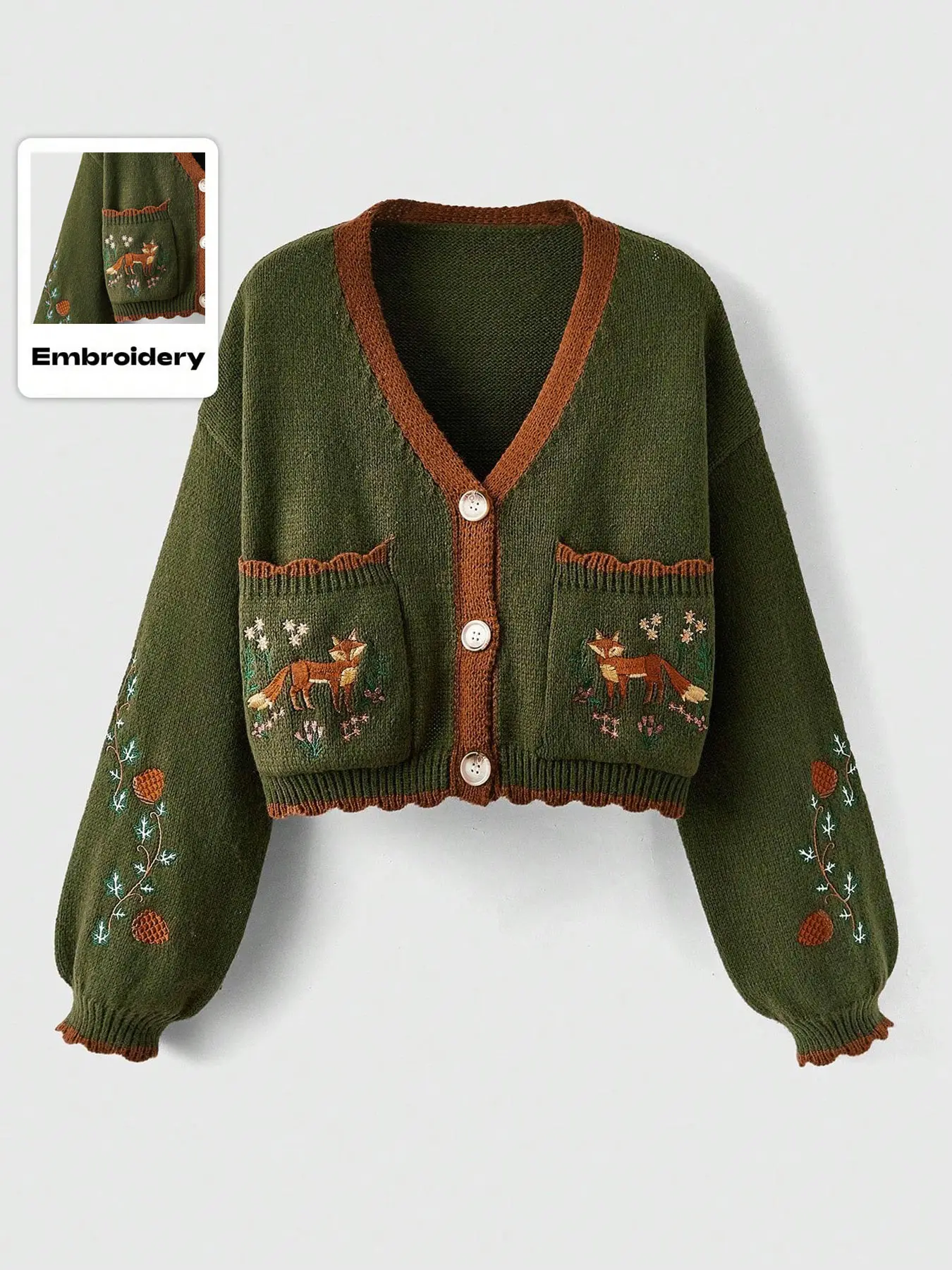Women's V Neck Button Front Fox Embroidery Pocket Loose Knit Cardigan, Casual Short Sweater for Fall & Winter, Ladies Fashion Outerwear