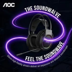 Aoc Gaming Headset with 50mm Drivers, Noise Cancelling Mic, RGB Light, Suspension Headband, Ideal for PC and Console Gaming