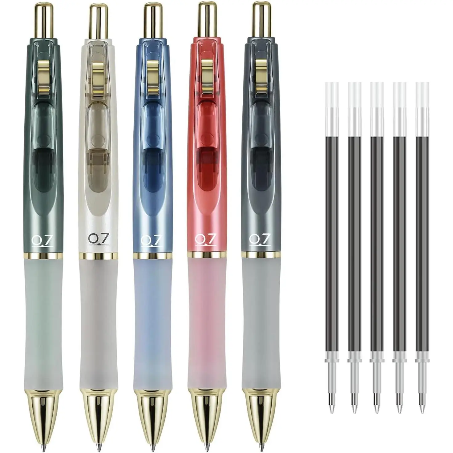 Retractable Gel Pens, 0.7mm Medium Point Black Ink Pens, Macaron Colors with   Grip & Pen Clip, Includes 5 Extra Refills (10  Inks), 5 Count for Office, School & Journaling