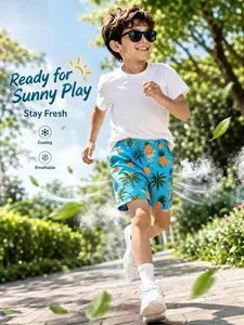 Vivid Tropical Fruit Leaf Print Little Boys Casual Shorts Ultra Light Breezy Skin-Friendly Quick Dry Kids Board Shorts Elastic Waist For Travel Picnic Backyard Sports Preschool Preteen Summer Staple