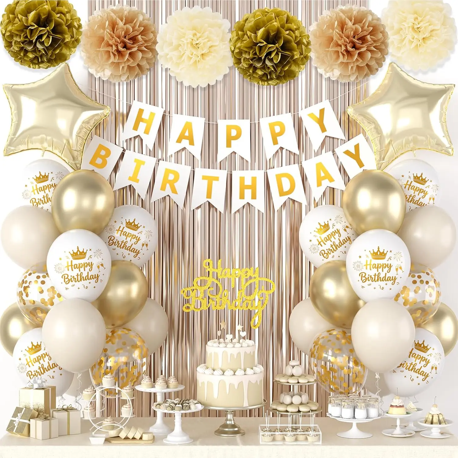 White & Gold Birthday Decorations Set – Printed Latex Balloons, Fringe Curtain, Banner, Paper Flowers & Star Foil Balloons for Men, Women, Boys, Girls & Baby Shower