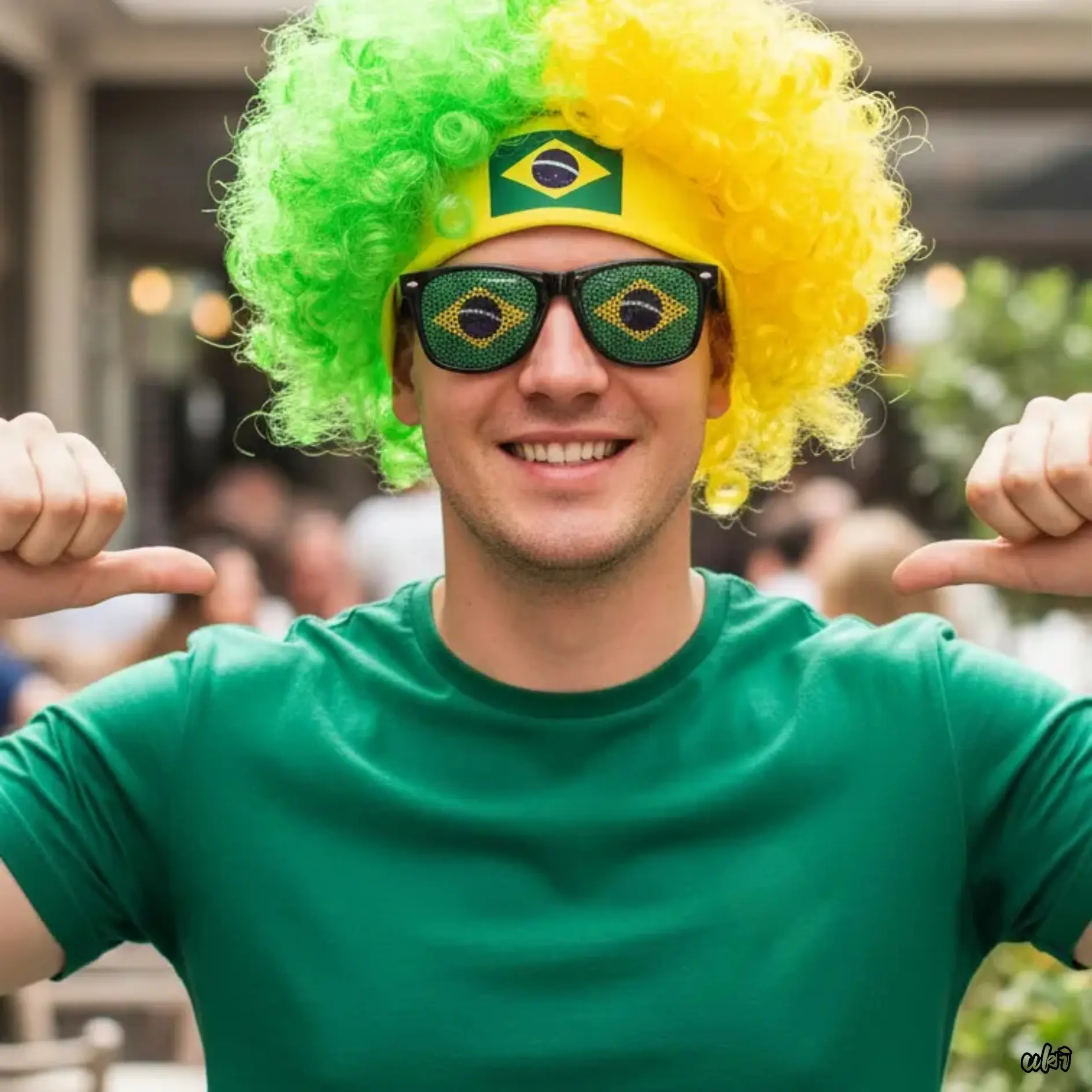 2 Piece Brazil National Flag Fan Costume Set, Green Yellow Fluffy Afro Curly Wig With Brazilian Flag Print Headband And Brazil Flag Graphic Lens Sunglasses, Adult Cheer Accessory Kit Celebrating Brazil's victory,summerwins