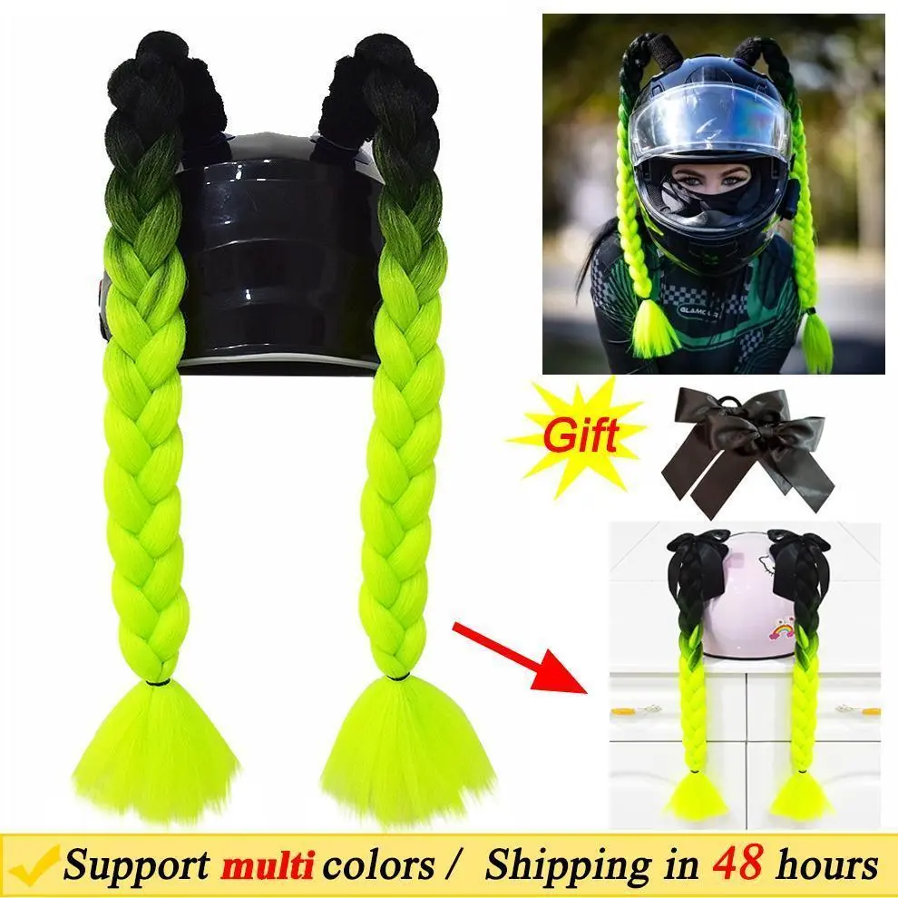 Women's Human Hair Twist Braid Helmet Mount Wig with Dual Pigtail Braids - 2pcs/Pair, 164 Colors, Suction Cup Attachment, Rubber Bands, Gifts for Motorcycles, Skiing