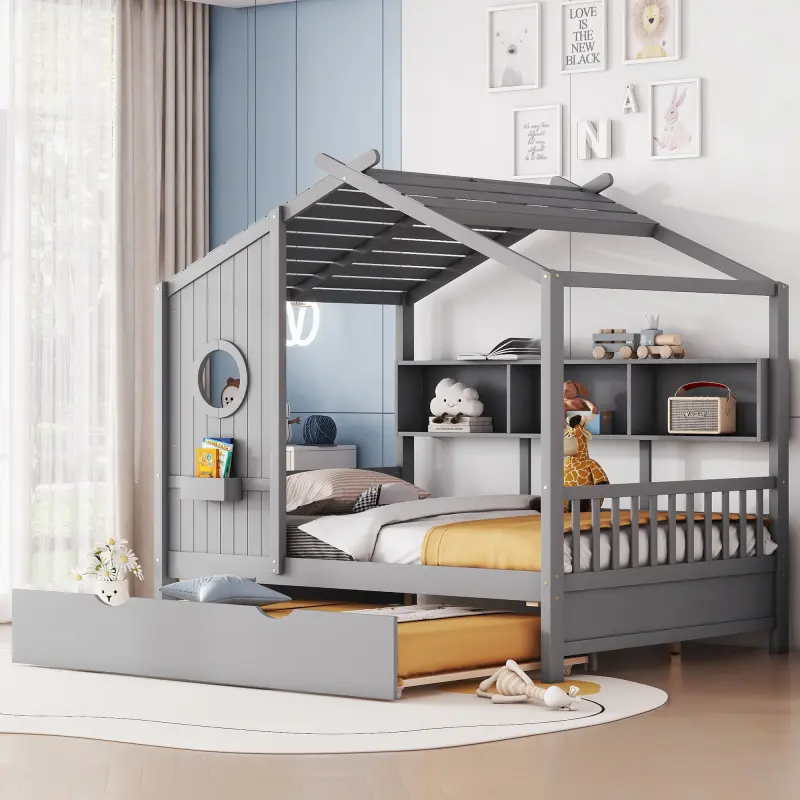 Full House Bed Frame with Bookshelf and Round Window, Full Size Daybed with Trundle and Roof, Wood Full Size Platform Bed for Kids Teens, Easy Assembly,Gray