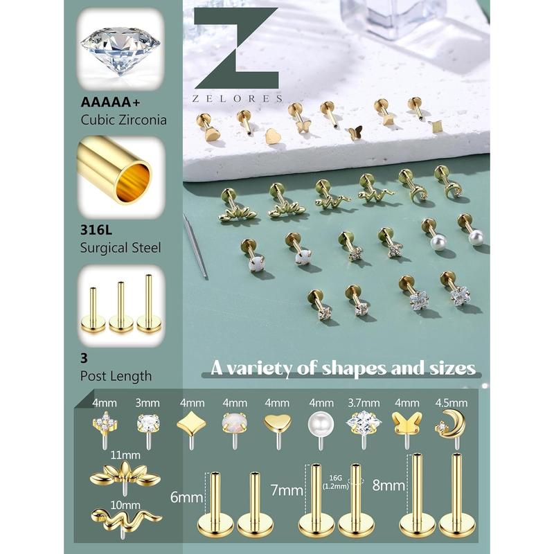 MILACOLATO 20G/16G Threadless Flat Back Earrings for Women 316L Surgical Steel Push in CZ Cartilage Stud Earrings Hypoallergenic Nose Rings Studs Conch Tragus Body Piercing Jewelry 6mm 7mm 8mm Length