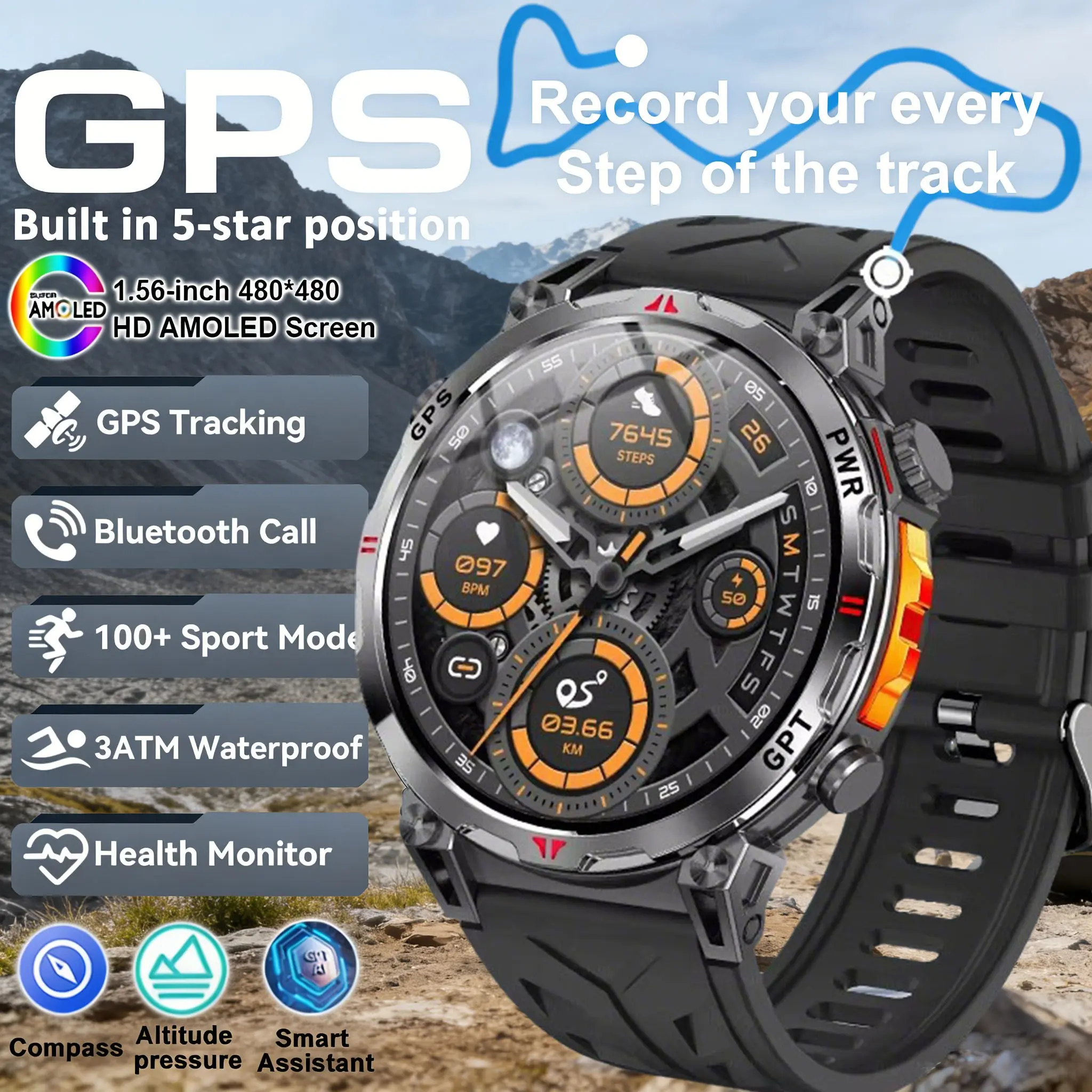 Upgrade GPS Navigation Outdoor Sports Smartwatch, 3atm Swim, Compass, Altimeter, 1.56" Amoled, Heart Rate, Bluetooth-compatible Call, Music Player, Analog-Digital Face