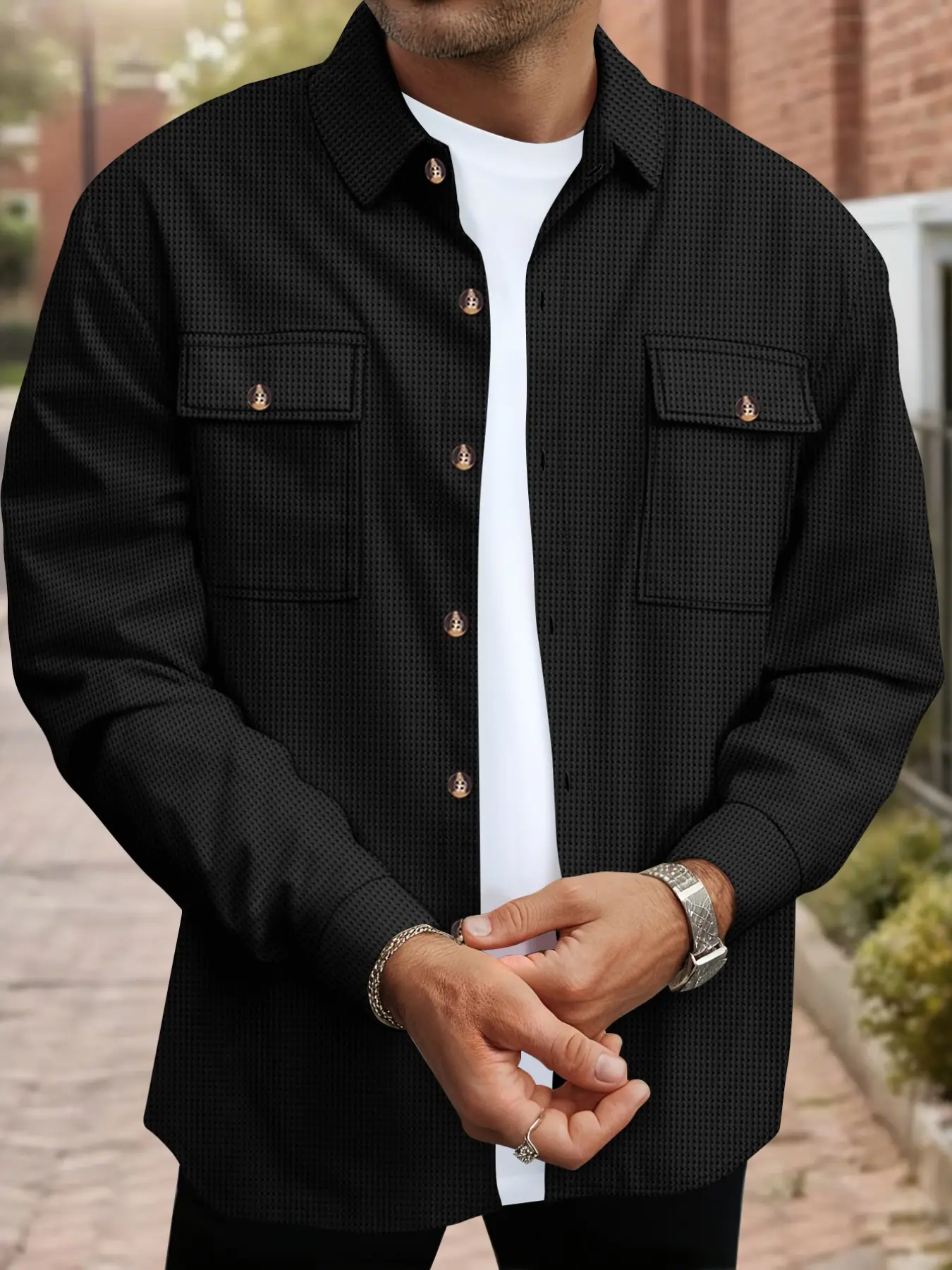 Men's Waffle Textured Long Sleeve Button Down Shirt, Lapel Collar Chest Pockets Casual Solid Shirt Overshirt Lightweight Outdoor Work Shacket