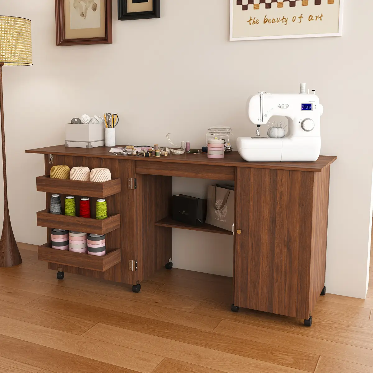 57.5" Foldable Sewing Machine Table with Locking Casters, Multi-Storage Craft Station with Shelves, Bins & Cabinet, Adjustable Sewing Cabinet/Office Desk for Home, Bedroom, and Craft Room(Walnut)