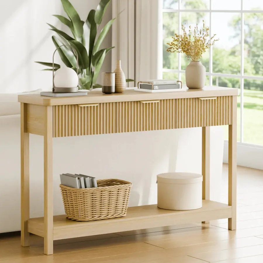 GIKPAL Fluted Console Table, 51" Narrow Entryway Table With 3 Drawers, Console Table Sofa Table With Storage Open Shelf, Modern Display Shelf Hallway Living Room, Oak