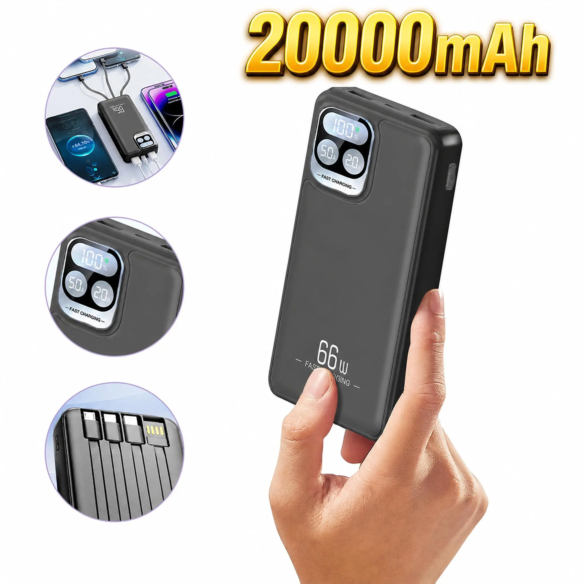 20000mAh Built-in Cables Power Bank, 22.5W Fast Charging Portable Charger with 4 Outputs (USB-C, Lightning, Micro, USB-A), Smart Digital LED Display Slim External Backup Battery for iPhone, Samsung & Travel