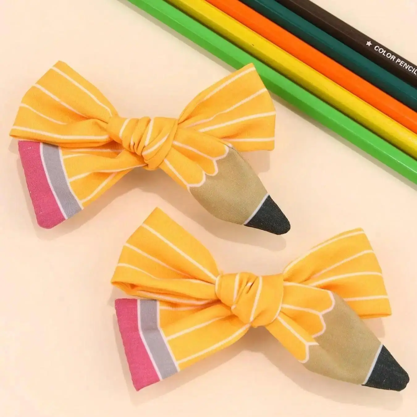 2pcs Back to School Season Pencil Hair Bow Clips White Line Ribbon Grosgrain Bow Alligator Hair Accessories for Girls Cute Kawaii Uniform Barrettes Headwear First Day Outfits