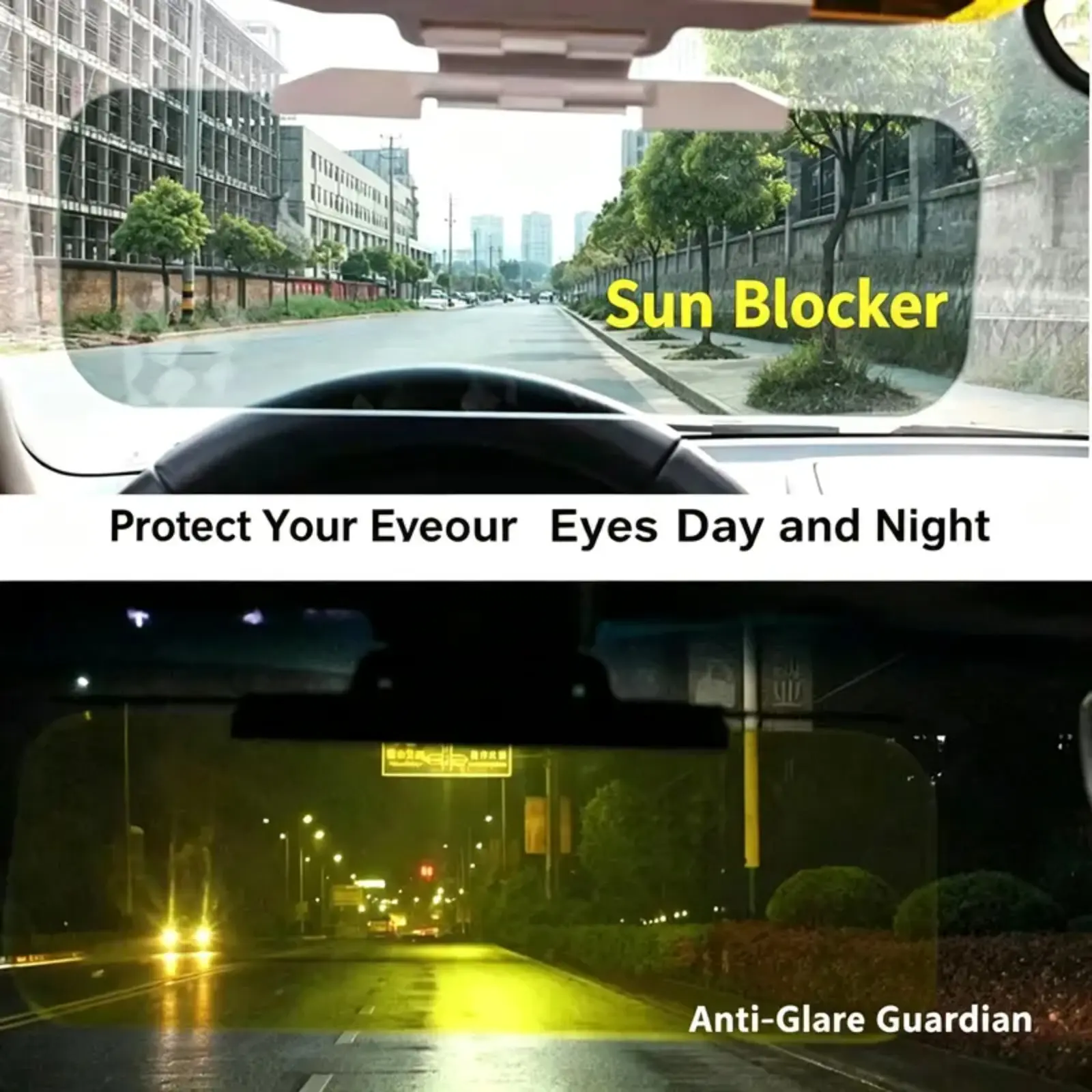 Adjustable Car Anti Glare Sun Visor Day Night 2 In 1 Driving Shield, Universal Vehicle Windshield Glare Reducing Extension, HD Auto Flip Down Vision Clear Safety Driving Accessories