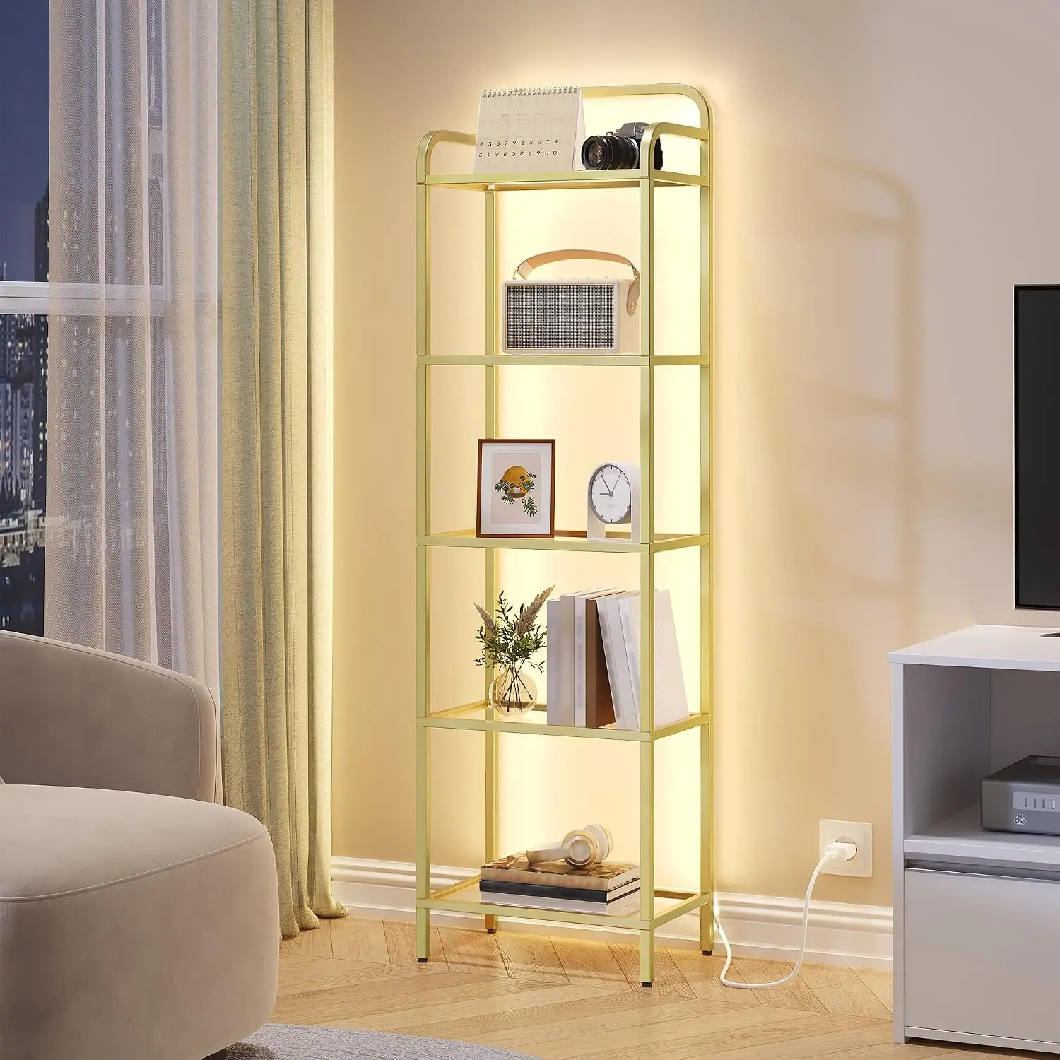 Bookshelf, Tall Narrow Bookcase with LED Lights, Tempered Glass Bookshelves with Steel Frame, Display Shelf, Slim Shelving Unit for Living Room, Bedroom, 9.6"D x 15.4"W x 55.9"H  BC34599G