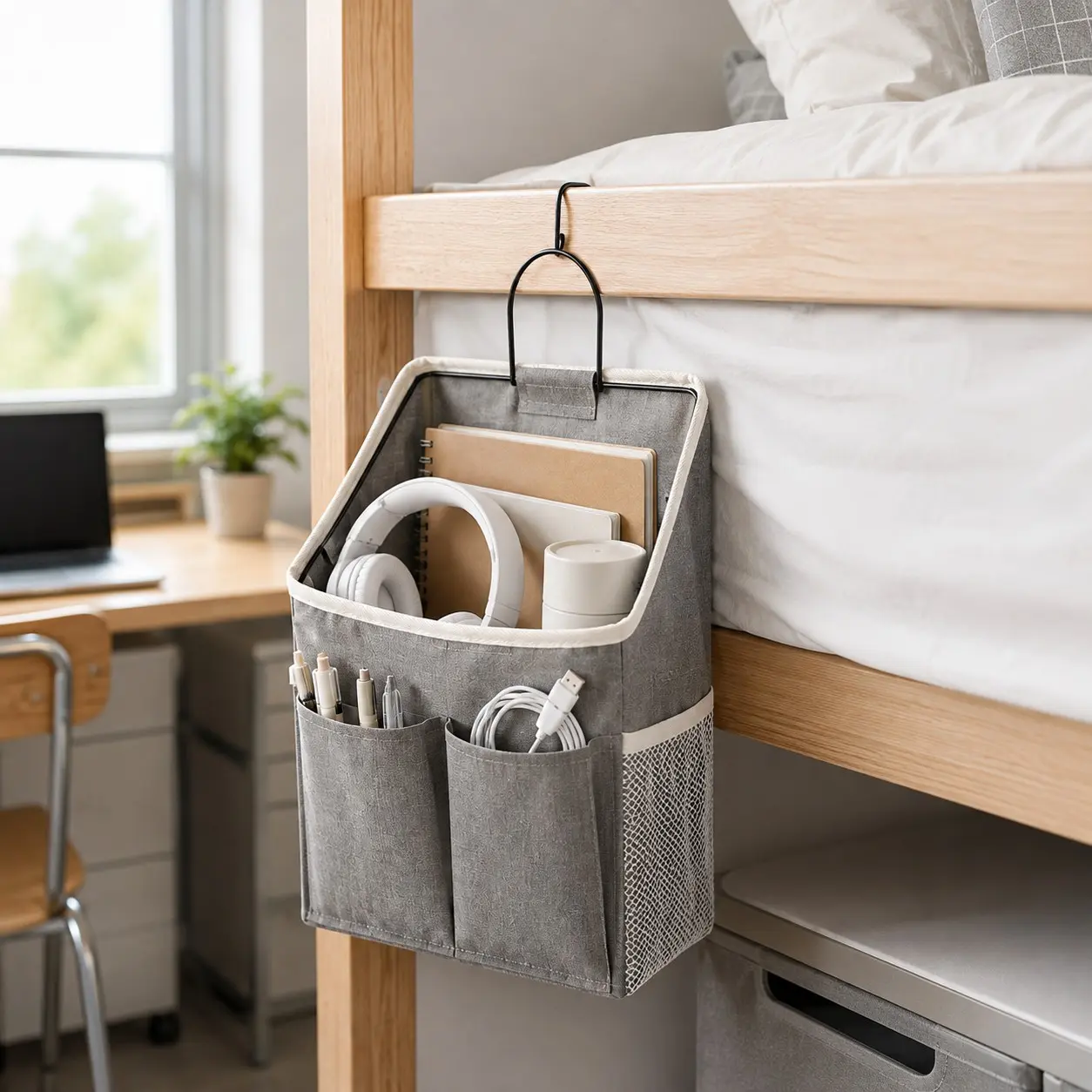 Back to School Dorm Wall Organizer – Hanging Canvas Storage Pouch with 2 Deep Pockets & Mesh Side Pocket, No-Drill Wall Mount for Chargers, Stationery & Toiletries