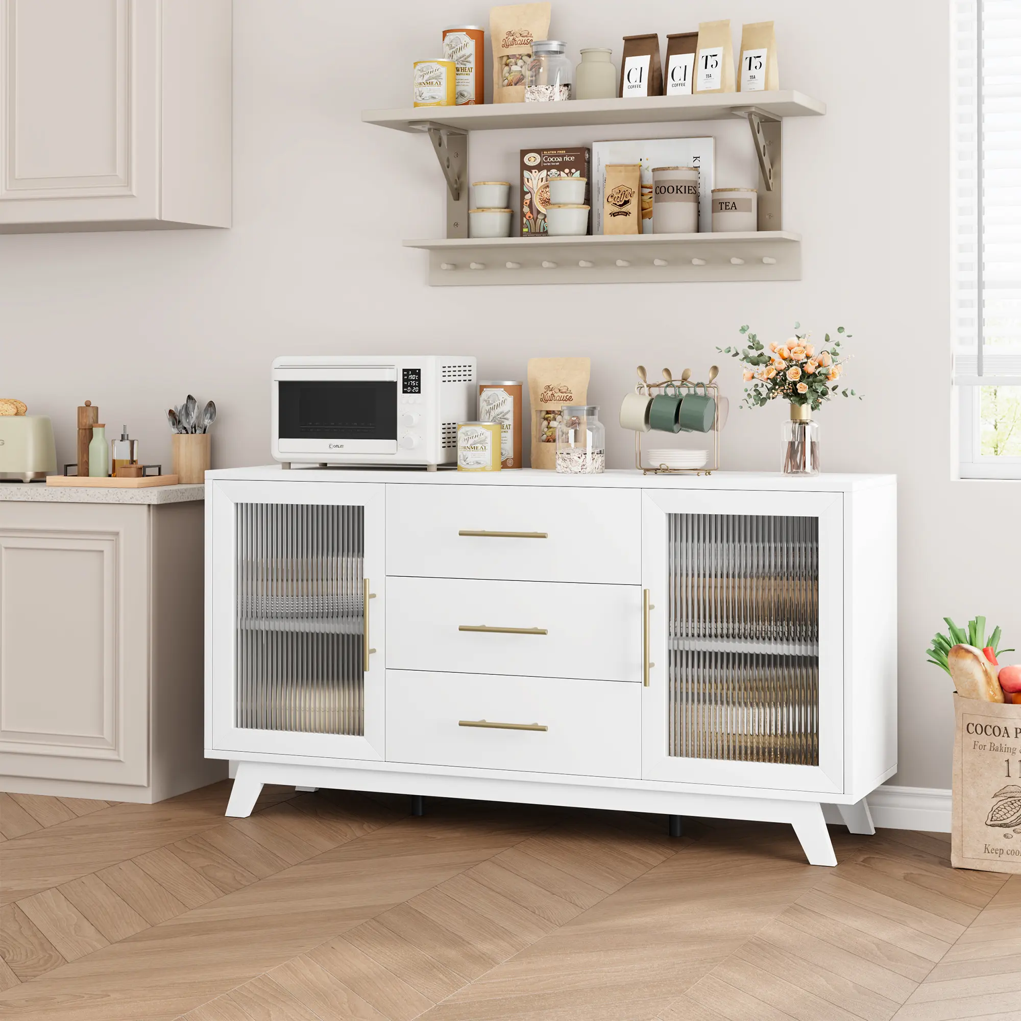 56" Fluted Glass Door Sideboard Cabinet - Adjustable Shelves, 3 Drawers, Adjustable Shelves Dining Room Furniture, Built-In Storage, Compact Multi-Use, Display Storage, Easy Installation Home Bar Cabinet, Built-In Storage Dining Room Furniture