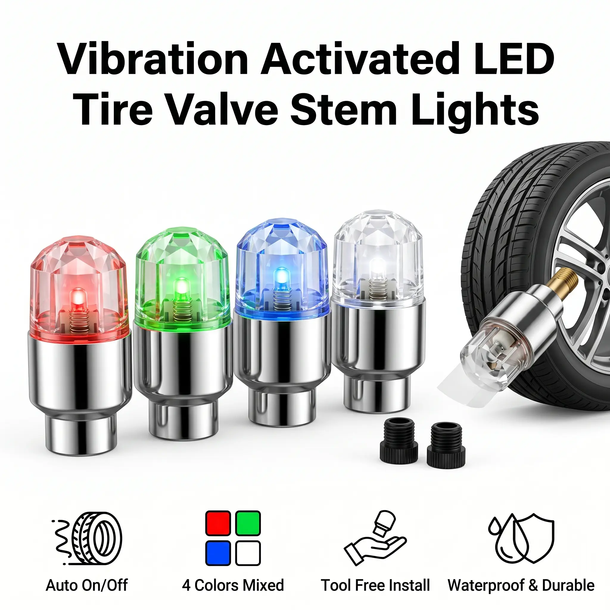 4Pcs 8Pcs Heavy Duty LED Tire Valve Warning Flash Lights, 4 Color Mixed Vibration Activated Wheel Rim Lamps, Waterproof Anti-Vibration Cargo Truck Pickup Van Tire Safety Accessories, Night Delivery Commercial Vehicle Mod Parts For Work Trucks Loaded Utili