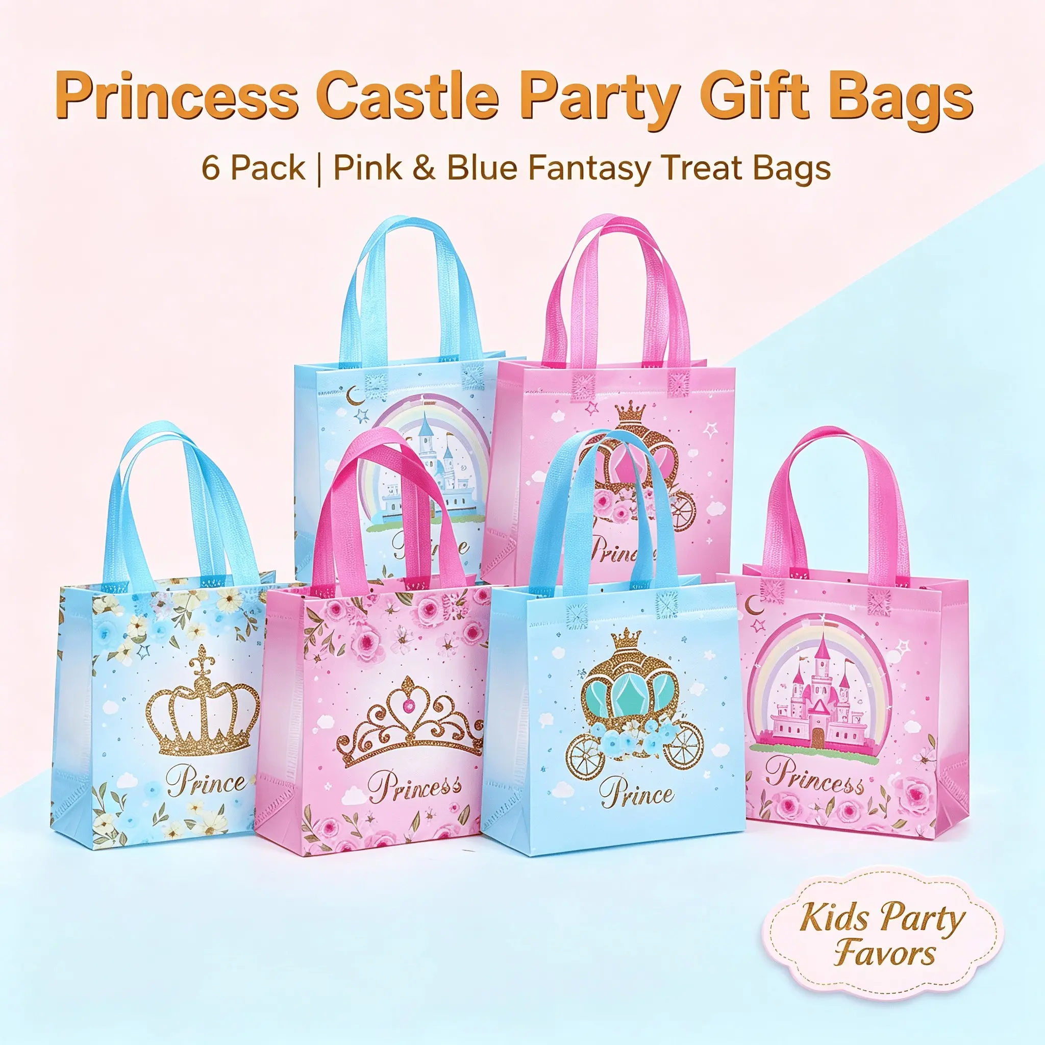 Princess Theme Gift Bags, Non-Woven Material, Handle Included, 7.87x7.67x3.54 Inches, 12-36 Pcs, Ideal for Parties, Weddings, Birthdays