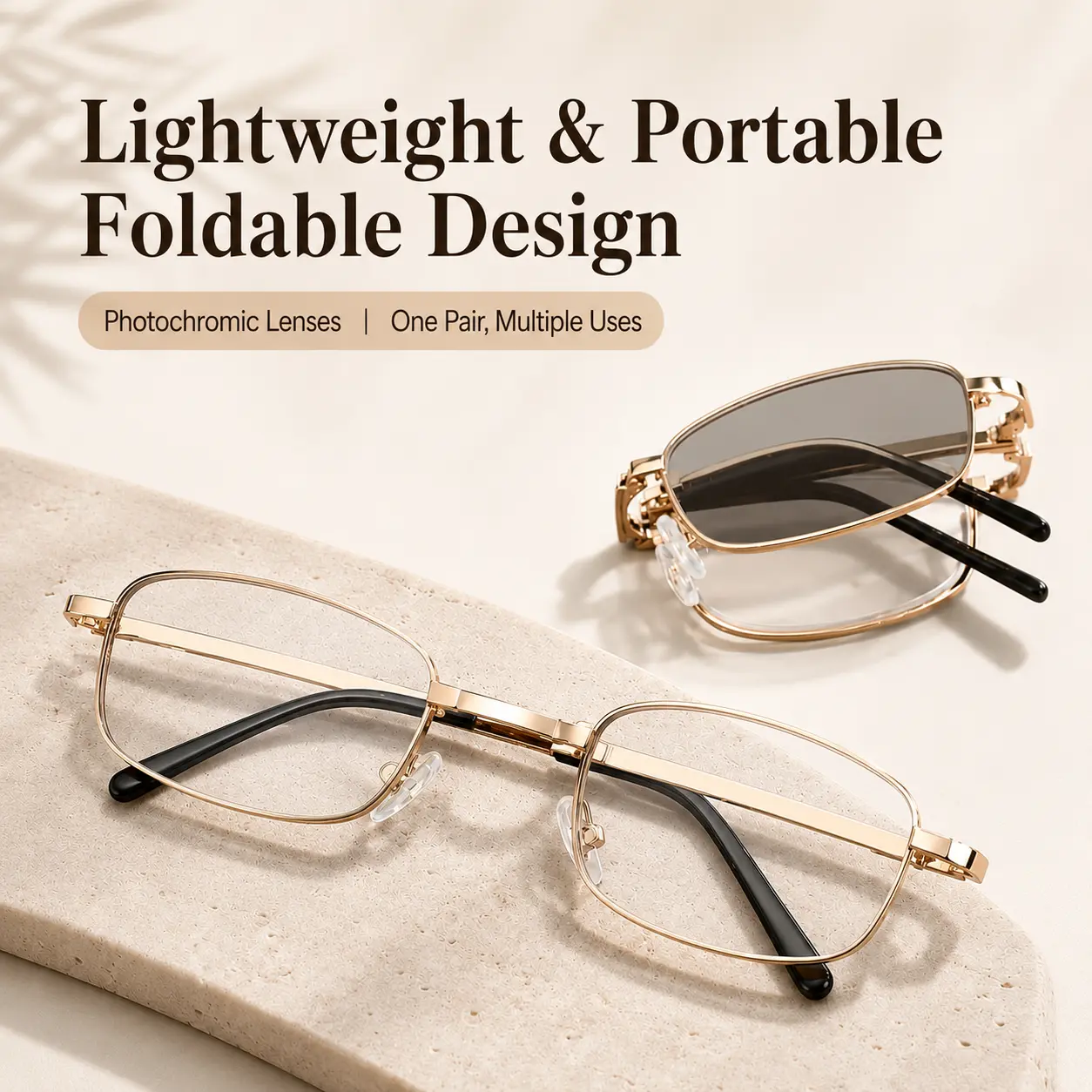 Unisex Portable Photochromic Multifocus Reading Glasses - Foldable Progressive Metal Frame, Blue Light Filter, +1.00d~+3.00d Multiple Strengths, Daily Office/Travel Use Transition Lenses