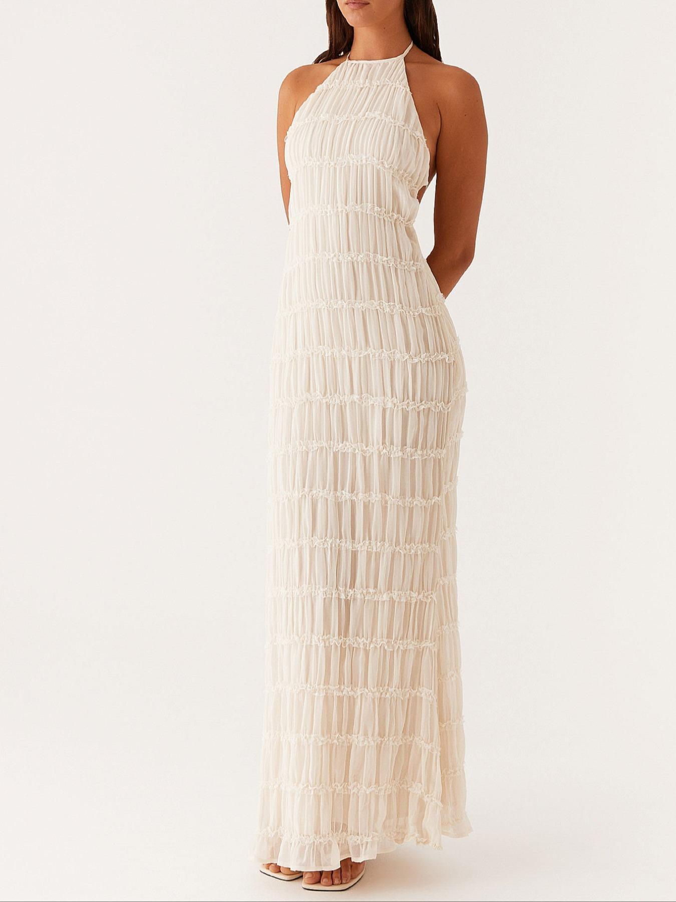 Women's Elegant Backless Halter Sleeveless Maxi Dress Fit, Stylish Womenswear Beach Vacation Dress for Summer, Romantic Casual Evening Wear