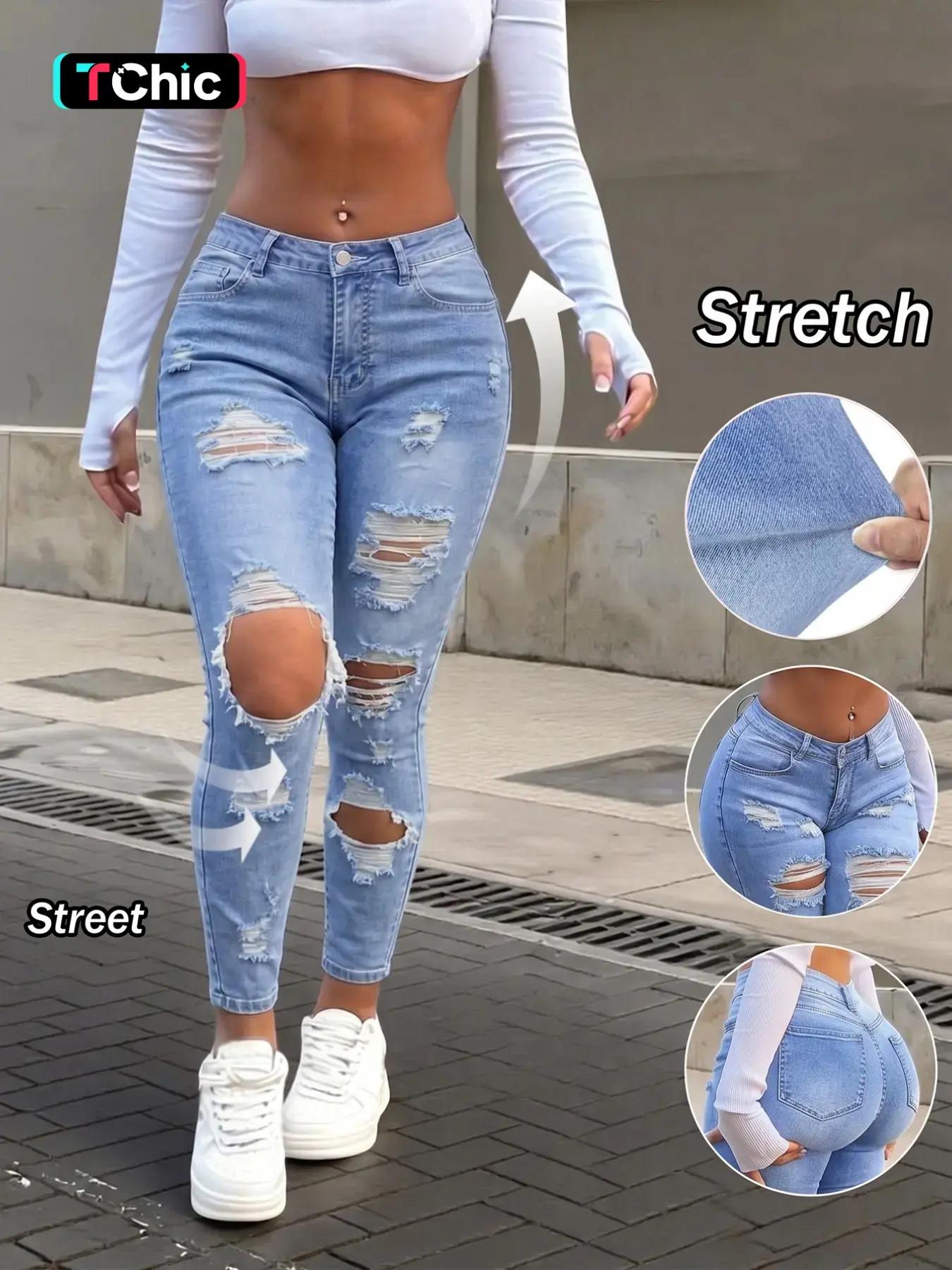 Spring Autumn Fashion Casual Elegant Sexy Denim Ripped Elastic Tight Women's Skinny Long Pants, Versatile Daily Wear
