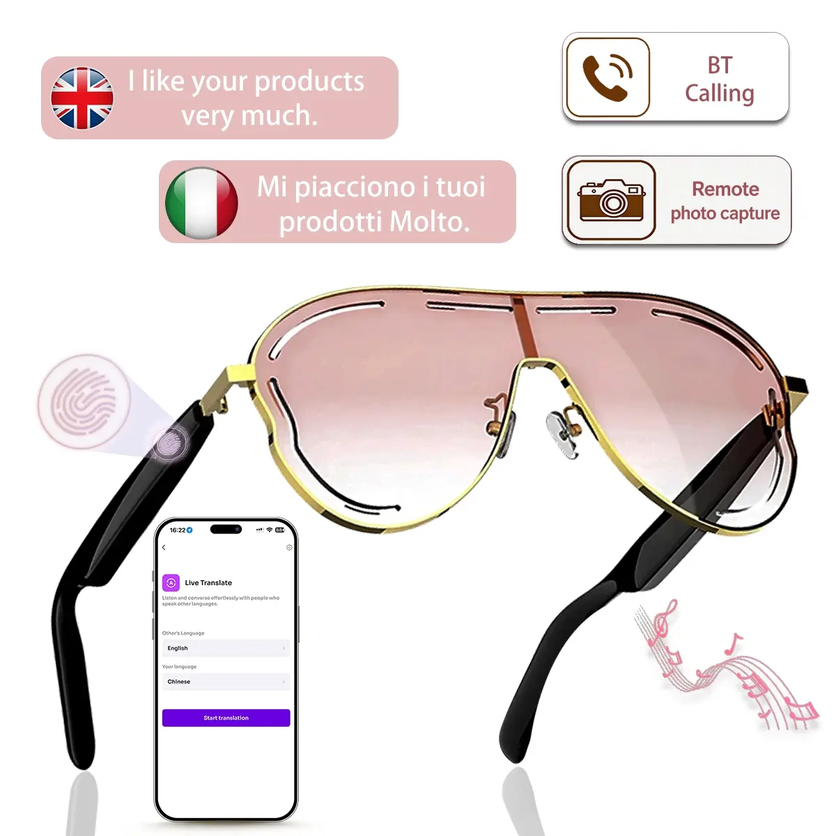 Smart Glasses for Women, AI Translation Bluetooth Audio Glasses with Hands-Free Calling, Remote Camera Control, UV Protection Pink Lens Smart Glasses Sunglasses for Travel Driving Outdoor Use