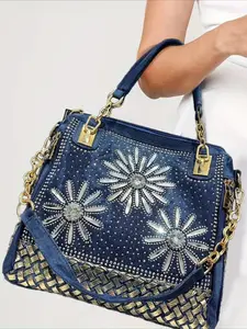 Ladies' fashionable diamond inlaid floral woven handbag with large capacity gradient diamond decoration square shoulder crossbody bag, detachable shoulder strap - stylish Y2K design, suitable for work, commuting, and gatherings
