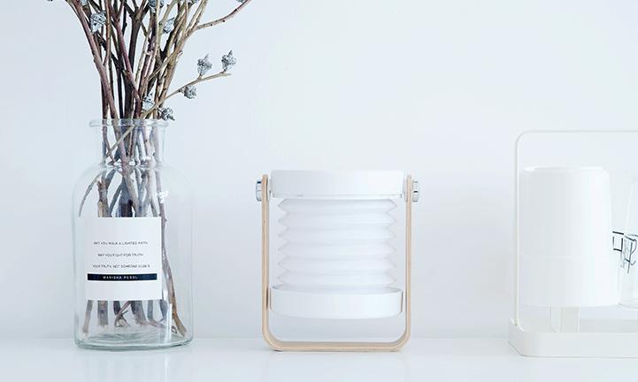 Piu LED Collapsible Lantern Lamp with Wood Handle Rotatable Touch Control Portable Night Light for Camping Bedroom Decor USB Rechargeable Elegant White