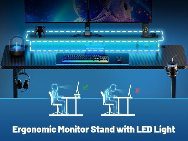 Ecofurnix,LED light game table & power socket, computer gaming desks & monitor stand, ergonomic carbon fiber game table, home office desk with cup holder, headphone hook and mouse pad, simple assembly