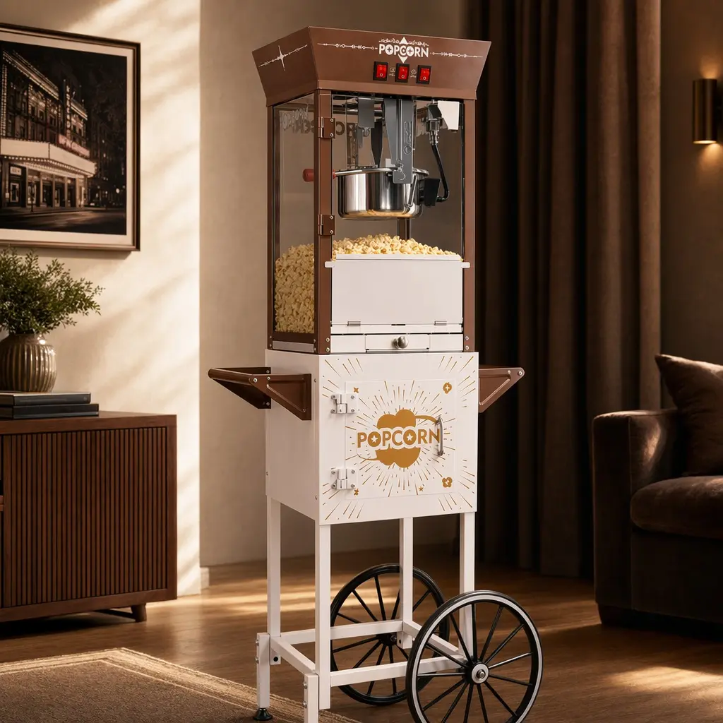 12oz Retro Popcorn Machine with Rolling Cart, 3 Independent Control Switches & 3 Candy Boxes, Commercial Popcorn Maker for Theater Snack Bar, Stainless Steel, Brown + Antique White