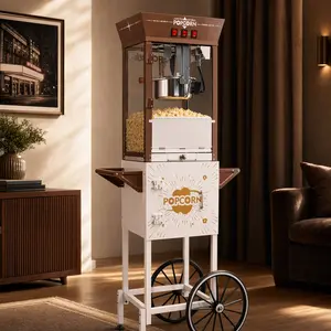 ARCH 12oz Retro Popcorn Machine with Rolling Cart, 3 Independent Control Switches & 3 Candy Boxes, Commercial Popcorn Maker for Theater Snack Bar, Stainless Steel, Brown + Antique White