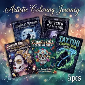 Adult Coloring Book - 5pcs with Sugar Skull Women, Witch's Familiar, Tattoo & Ravens at Midnight Themes - Beginner-Friendly, Vivid Designs on Thick Paper - Leisure Art for Mindfulness & Stress Relief - Perfect Gift for Christmas, Birthdays, Holidays