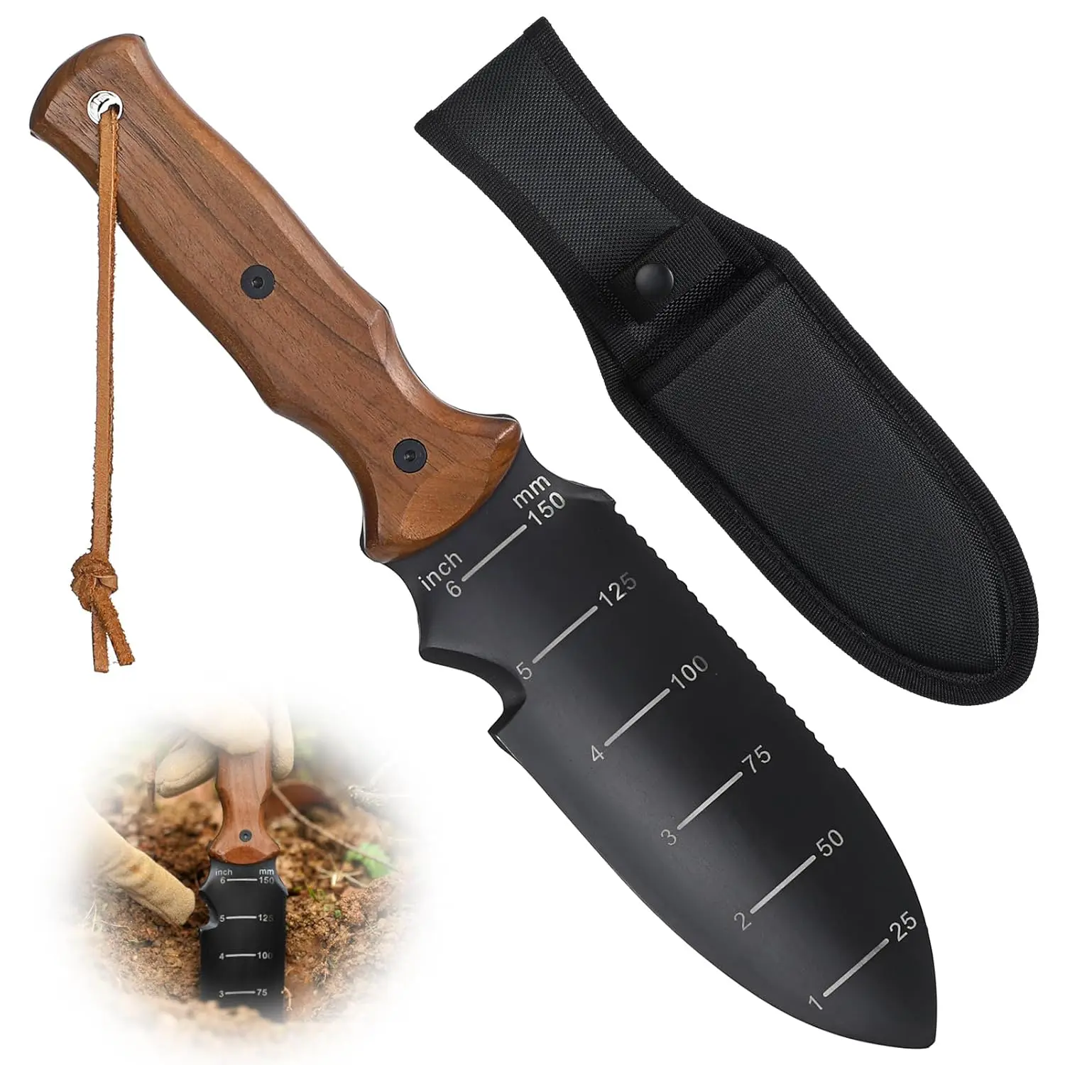 7in Stainless Steel Garden Knife with Sheath, Beech Handle, Dual Scale Measurement & Hanging Hole – Multi-Functional Pruning Tool for Weeding, Digging – Ideal Gift for Parents