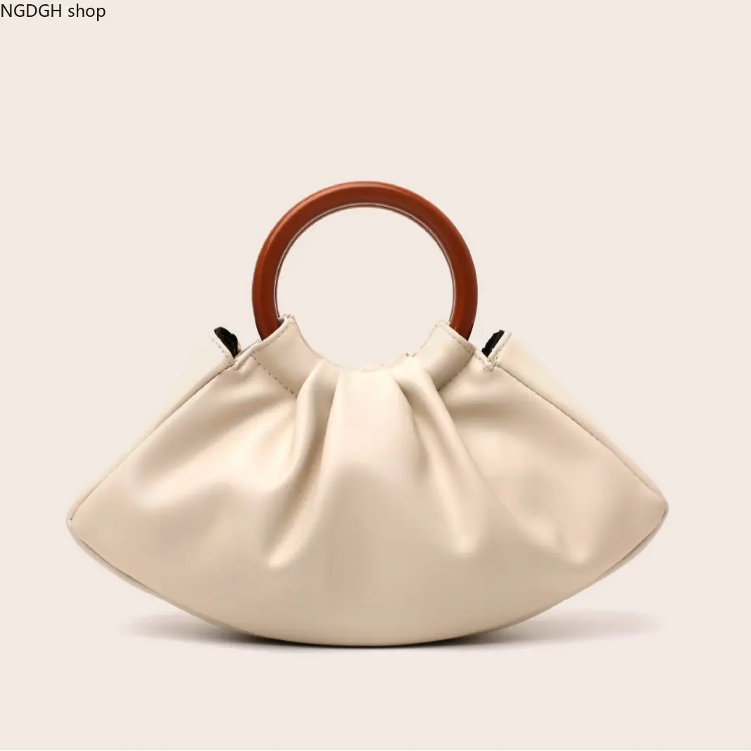 Pleated Crescent Moon Handbags for Women, Spacious Gold Crocodile Female Holiday Clutch with Wooden Handle, Crescent Moon Bag, Party