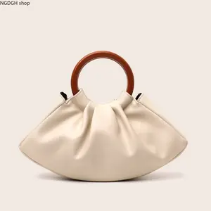 Crescent Handbag Women - Trendy Gold Crocodile Pleated Clutch with Wooden Handle, Spacious Chic Design, Stylish Everyday Purse Perfect for Party Outfits Vacation & Bold Fashion Statement