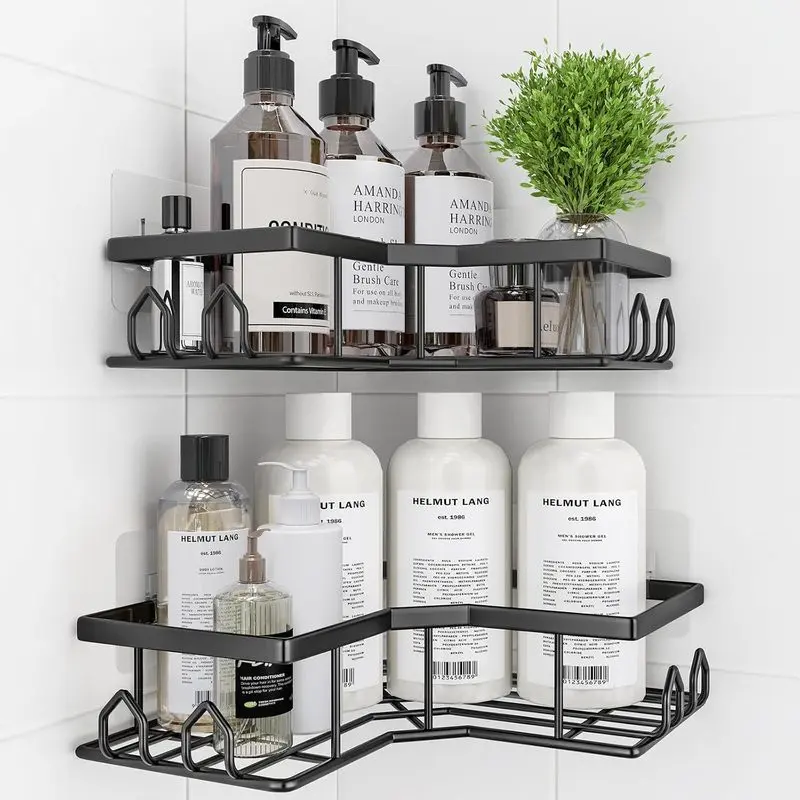 2 Pack No‑Drill Adhesive Corner Shower Caddy, Rustproof Stainless Steel Wall Mounted Bathroom Shelves, Large Capacity Storage Organizer for Shower, Bathroom and Kitchen