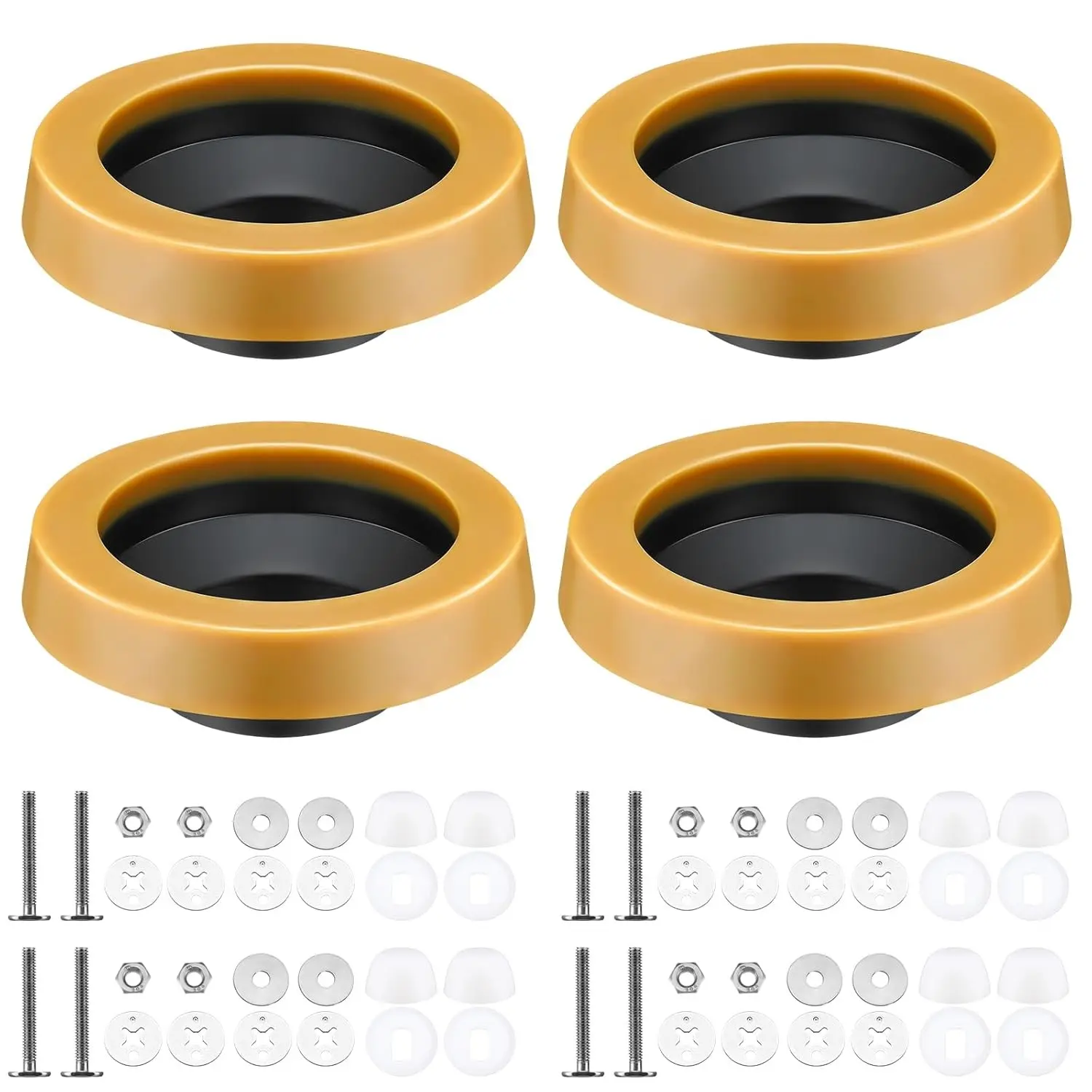 4 Pack Toilet Wax Ring Kit for Home Repair, Includes Retainer Washers, Thick Flange Closet Bolts, Bolt Caps, Fits 3"-4" Waste Lines, 1-Inch Regular Version for Watertight Gas Odor Sealing