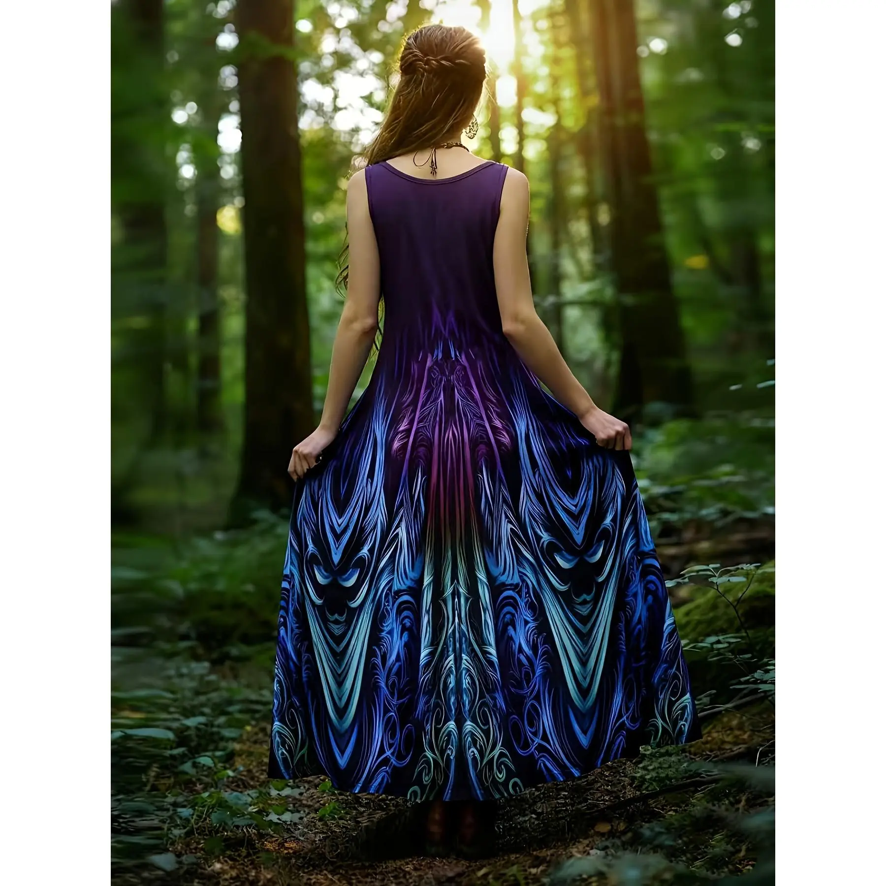 [Vintage Psychedelic Dress] Women's Viking Vintage Style V-Neck Sleeveless Loose Totem Psychedelic Gradient Print Dress
