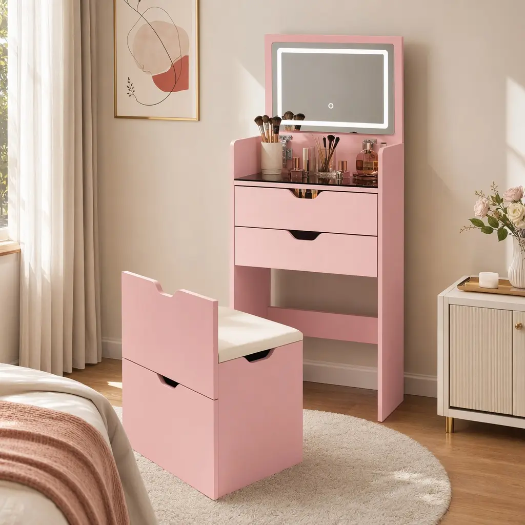 ARCH Dressing Table and Stool Set, 3-in-1 Multifunctional Vanity Desk with Three-Color Lighting Modes, HD Mirror, Two Sliding Drawers, Hidden Storage Stool, Modern Makeup Table for Bedroom, White Finish