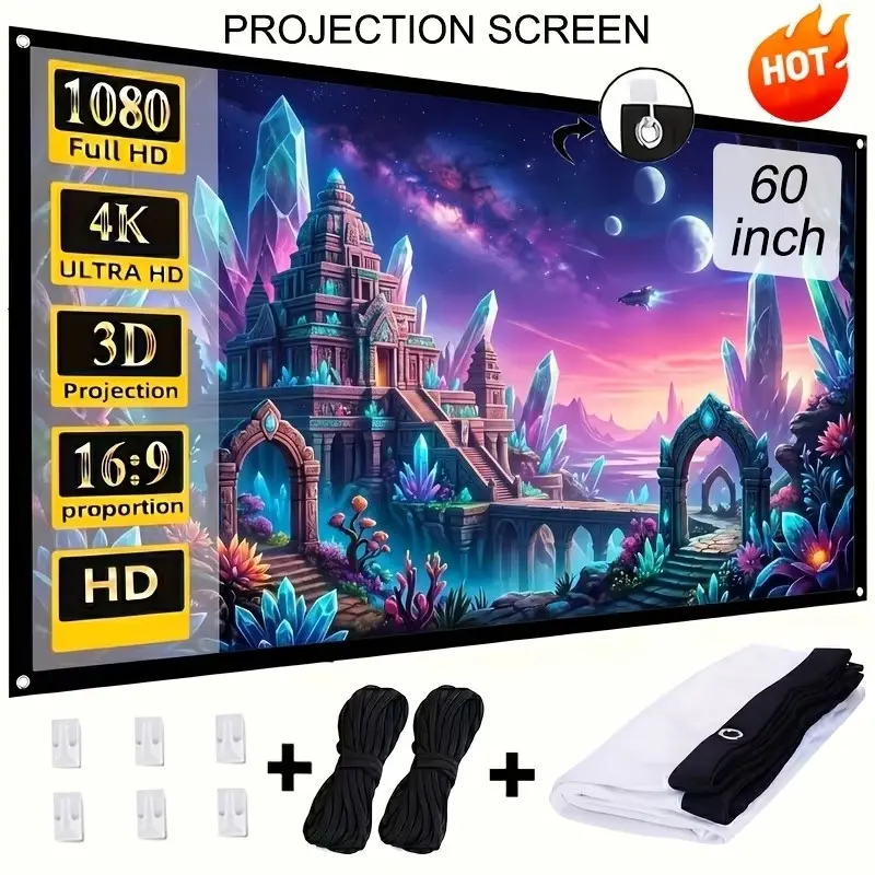 60 Inch Ultra HD 16:9 Portable Projection Screen, Wrinkle-Free Foldable Design, Complete Accessories, Includes Storage Bag & Hanging Rope, Ideal for Home & Outdoor Use
