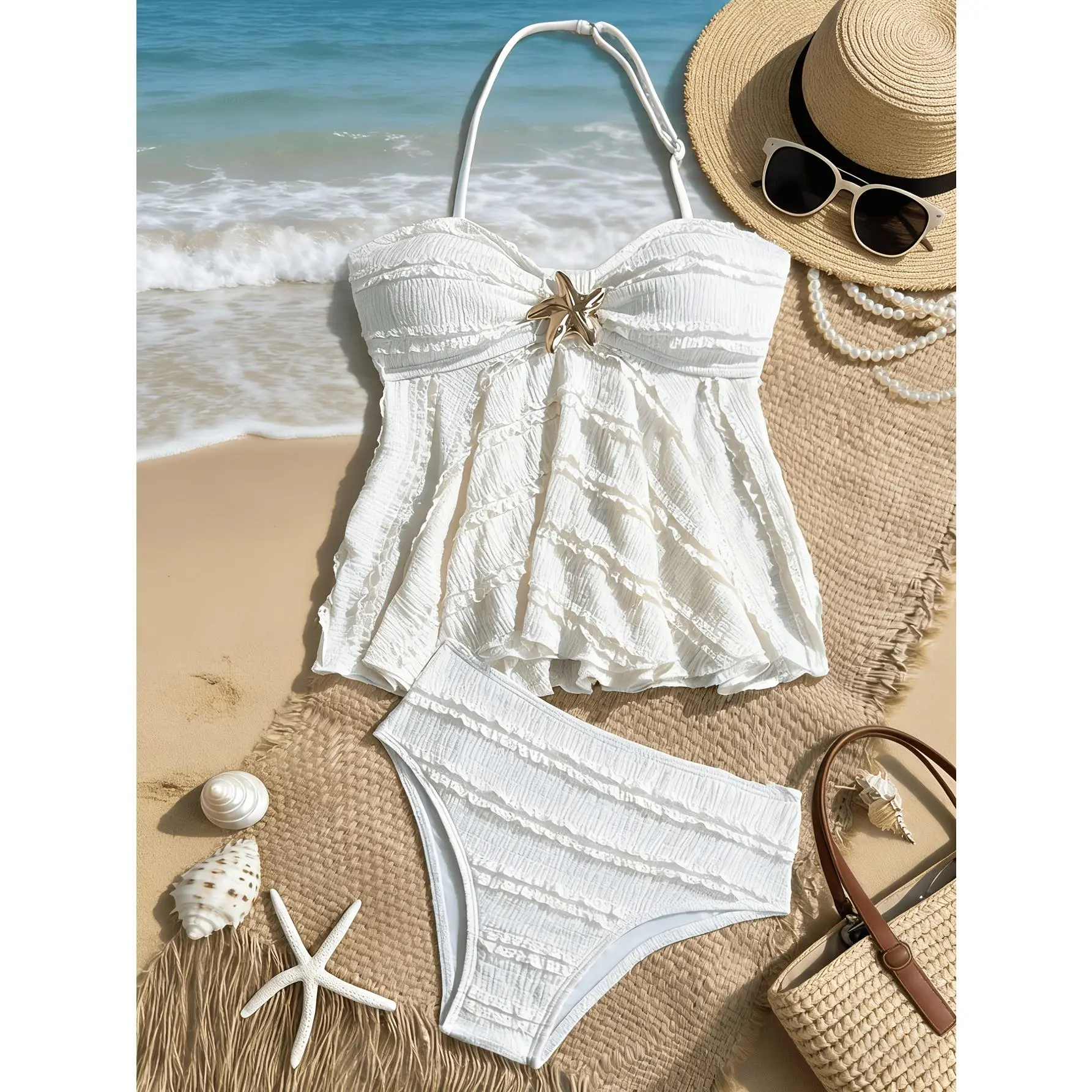 QY[Girls Swimming Suits] 2pcs Teen And Tween Girl Fish Star Tankini Sets |     Tummy Control Ruffled Hem Bathing Suit White Beach Wear for 7-16 Years Old Girls